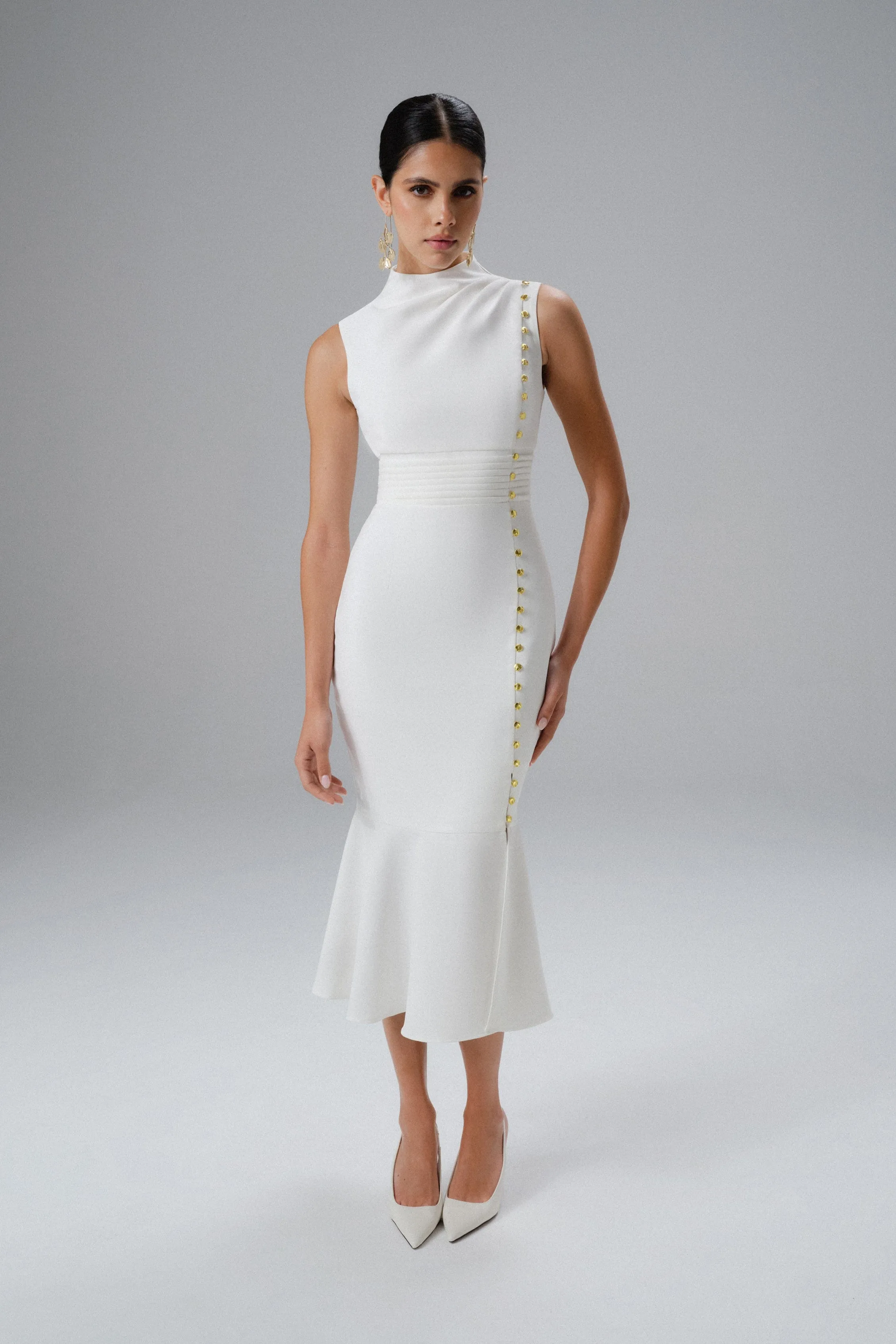 SAFFRON High Neck Micro Shell Button Midi Dress in White sold by Lavish Alice product image thumbnail 2