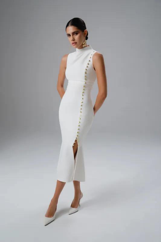 SAFFRON High Neck Micro Shell Button Midi Dress in White sold by Lavish Alice