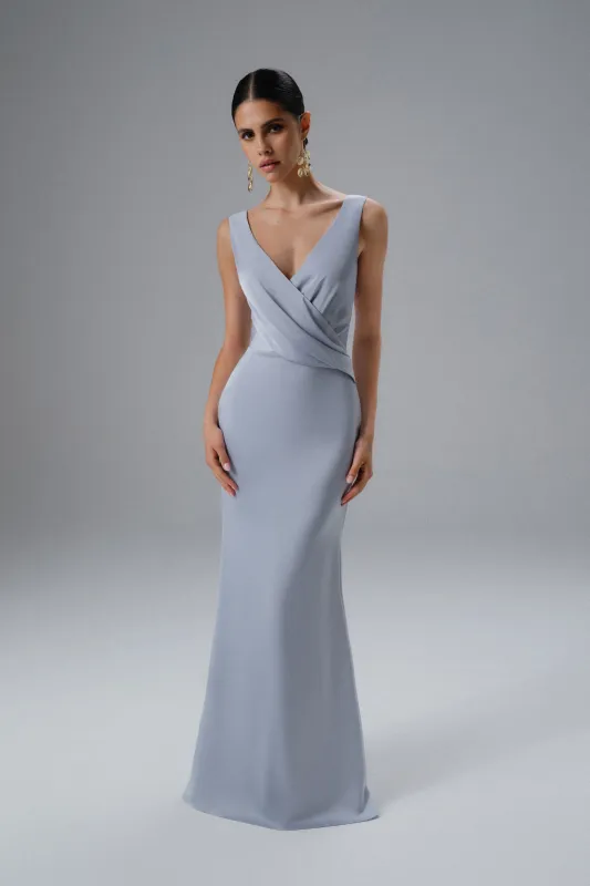 ELLE Draped Wrap Satin Maxi Dress in Blue sold by Lavish Alice
