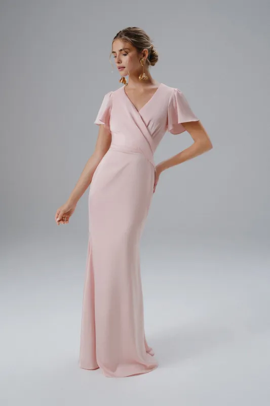 BEAU Draped Wrap Satin Maxi Dress with Sleeves in Pink sold by Lavish Alice