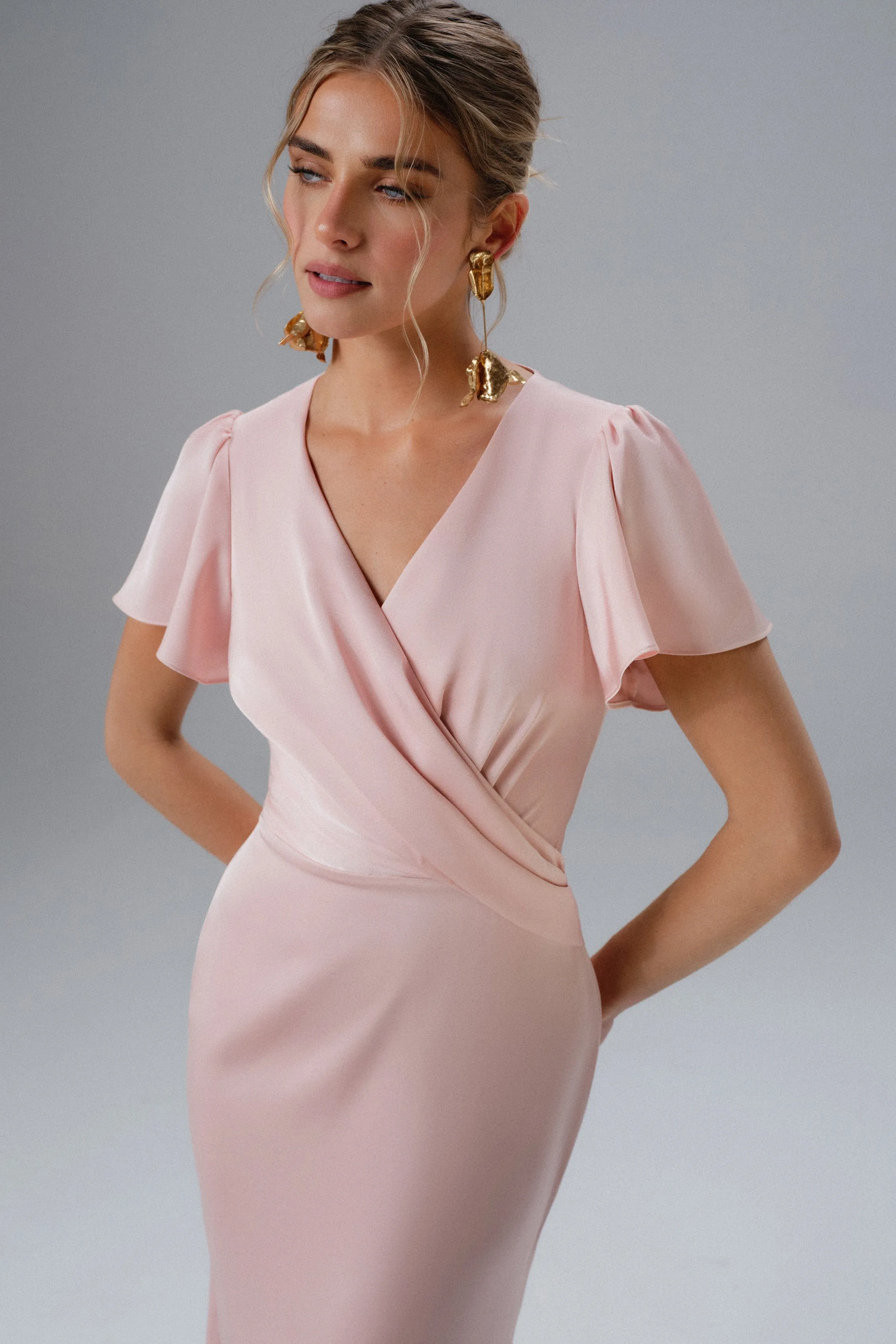 BEAU Draped Wrap Satin Maxi Dress with Sleeves in Pink sold by Lavish Alice product image thumbnail 3
