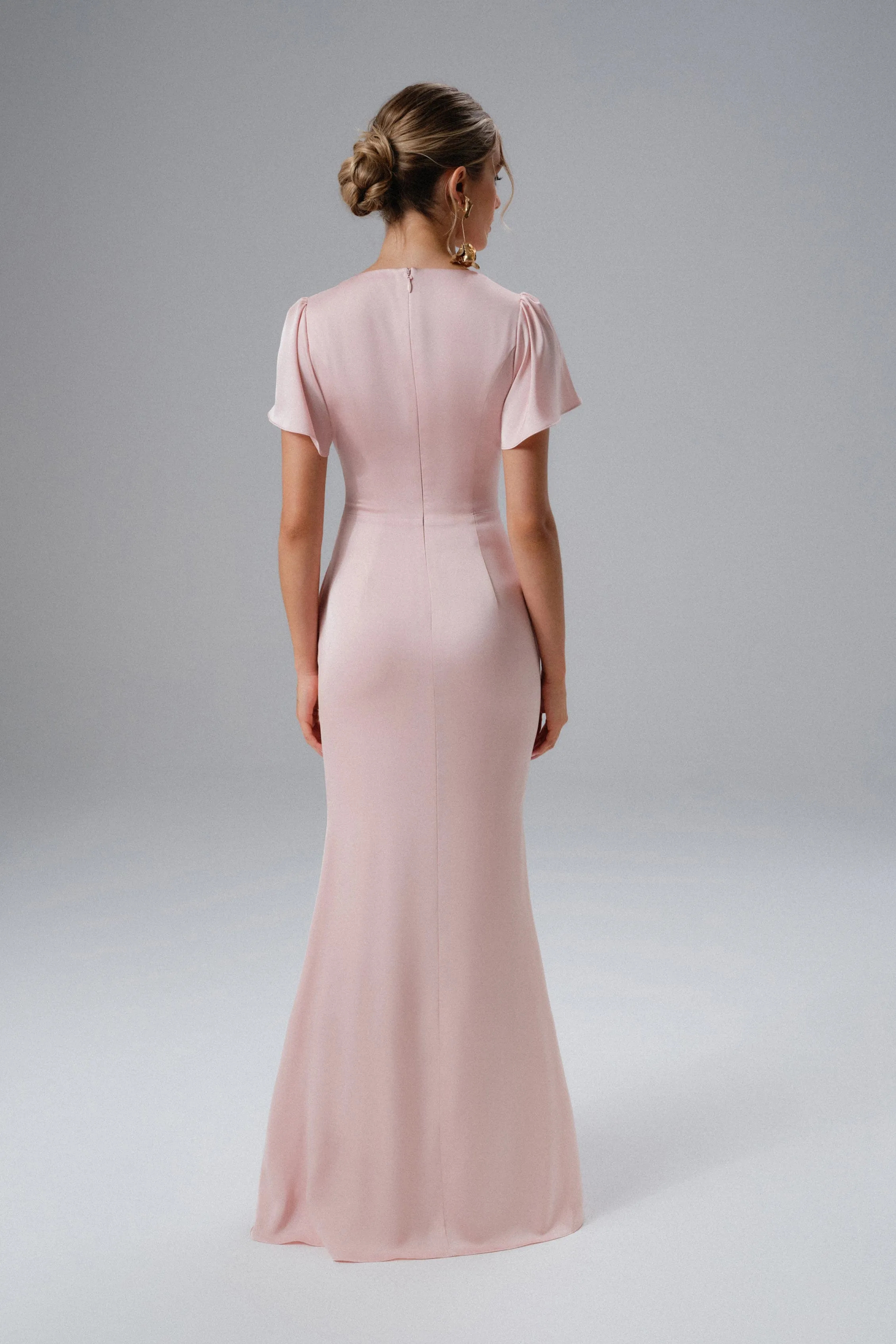 BEAU Draped Wrap Satin Maxi Dress with Sleeves in Pink sold by Lavish Alice product image thumbnail 4