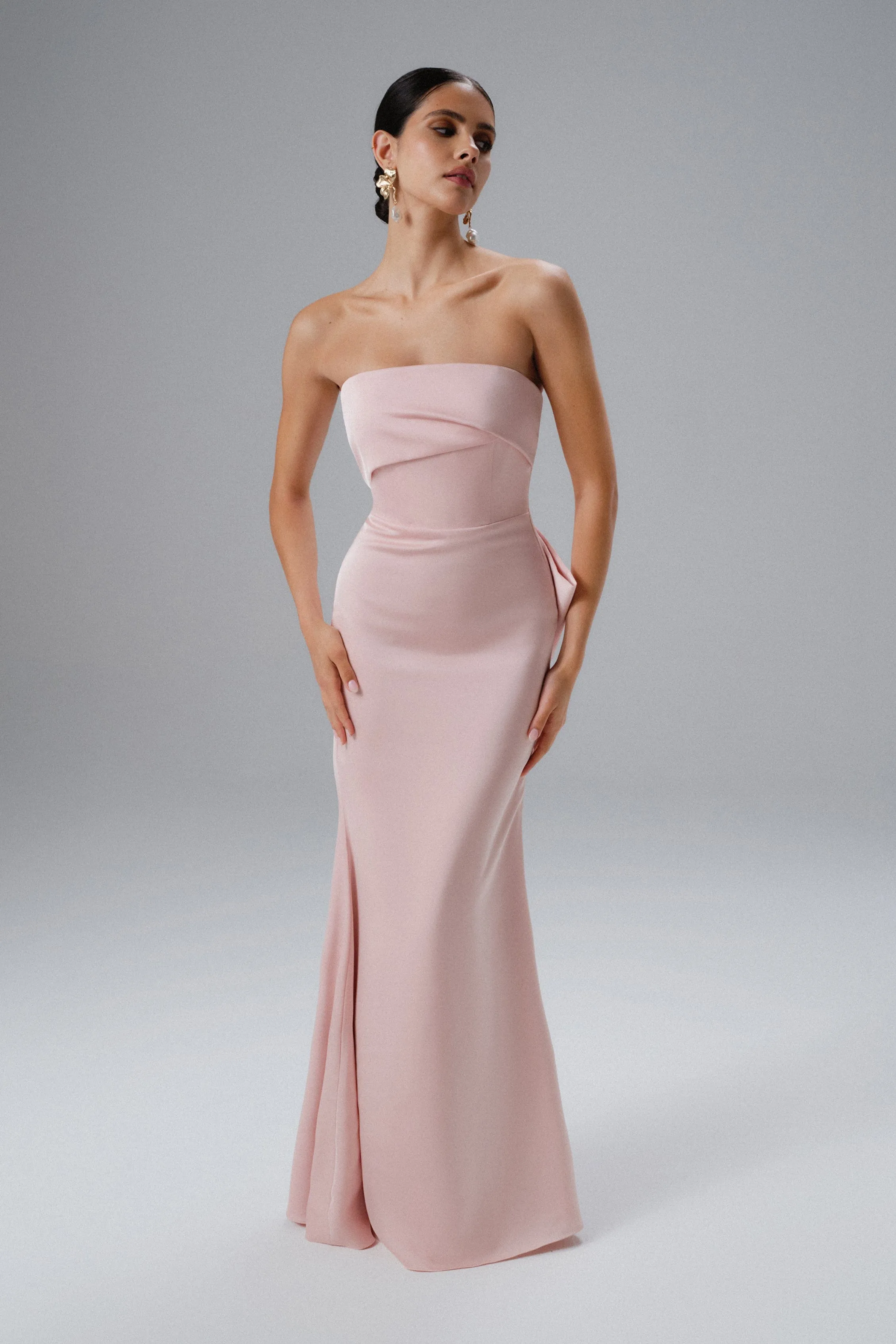 JOVIE Bow Detail Bandeau Satin Maxi Dress in Pink sold by Lavish Alice product image thumbnail 4