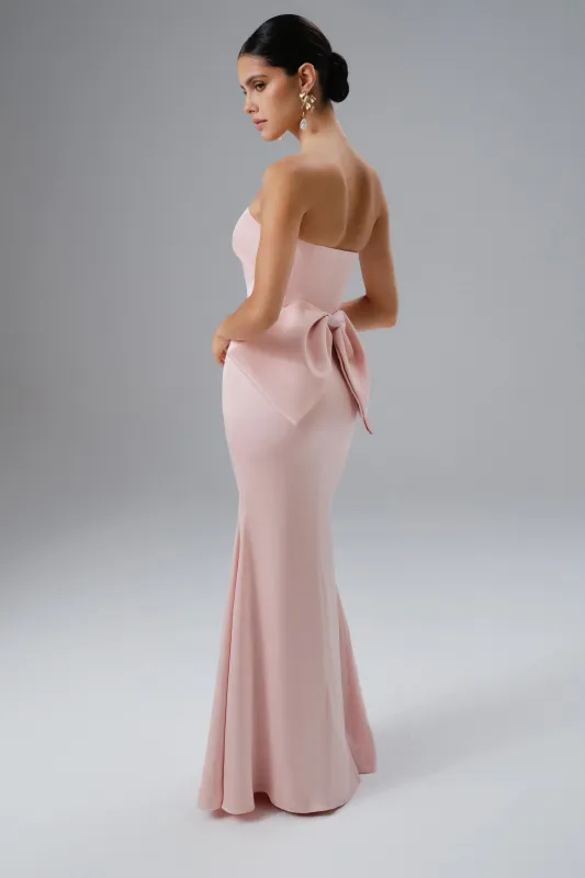 JOVIE Bow Detail Bandeau Satin Maxi Dress in Pink sold by Lavish Alice