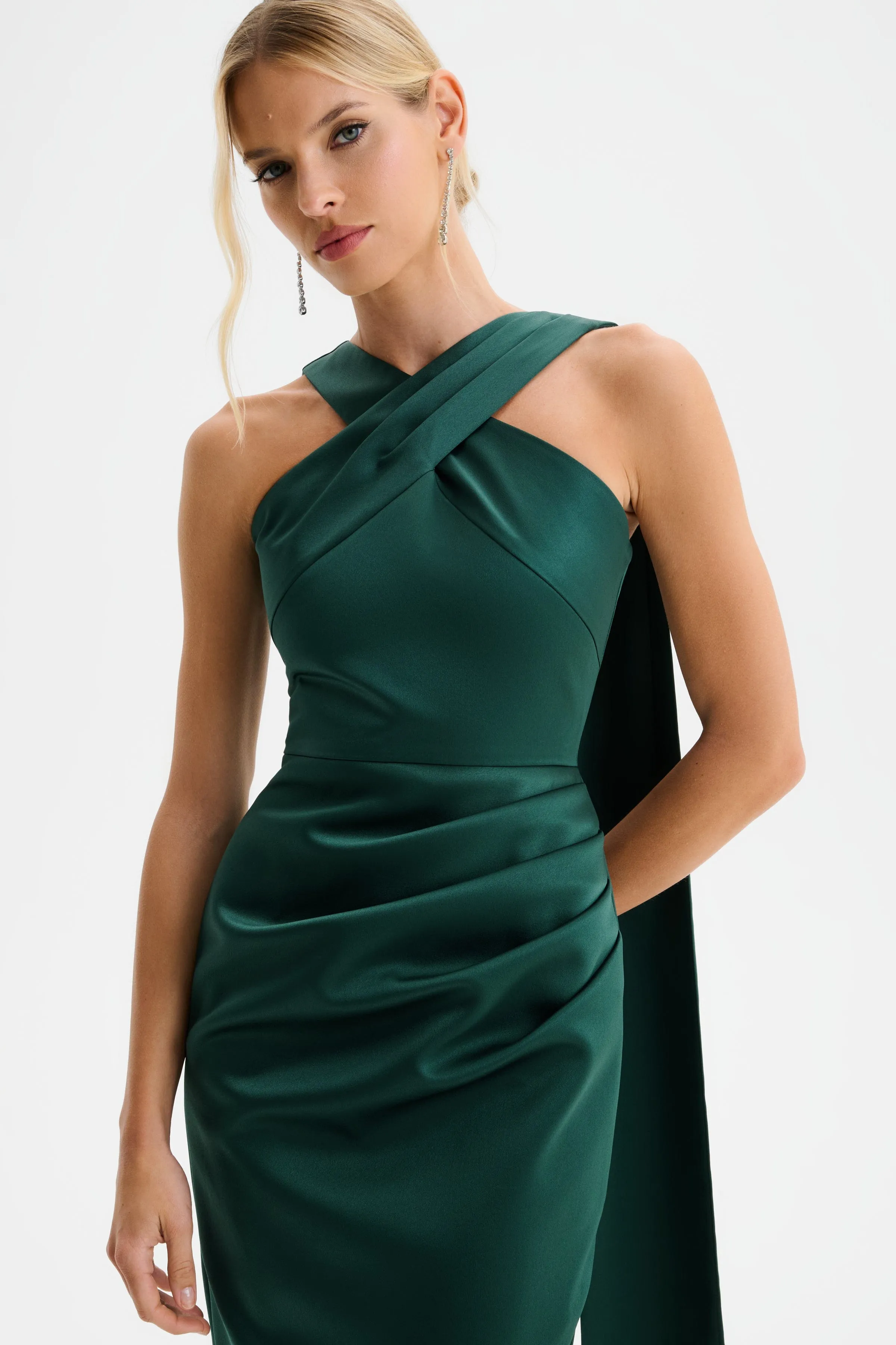 ROSE Cross Neck Bonded Satin Midi Dress with Drape in Emerald sold by Lavish Alice product image thumbnail 5