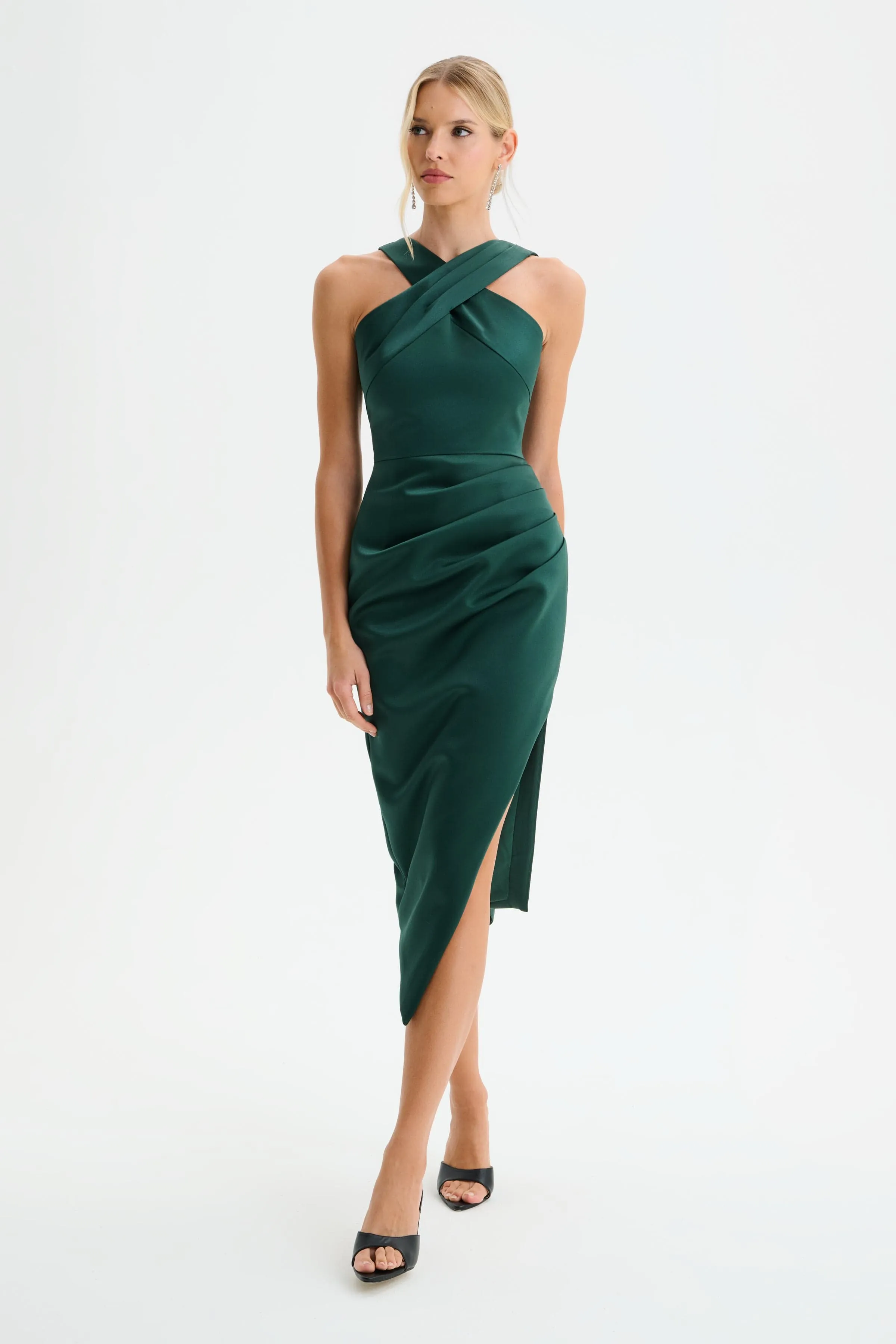 ROSE Cross Neck Bonded Satin Midi Dress with Drape in Emerald sold by Lavish Alice product image thumbnail 3