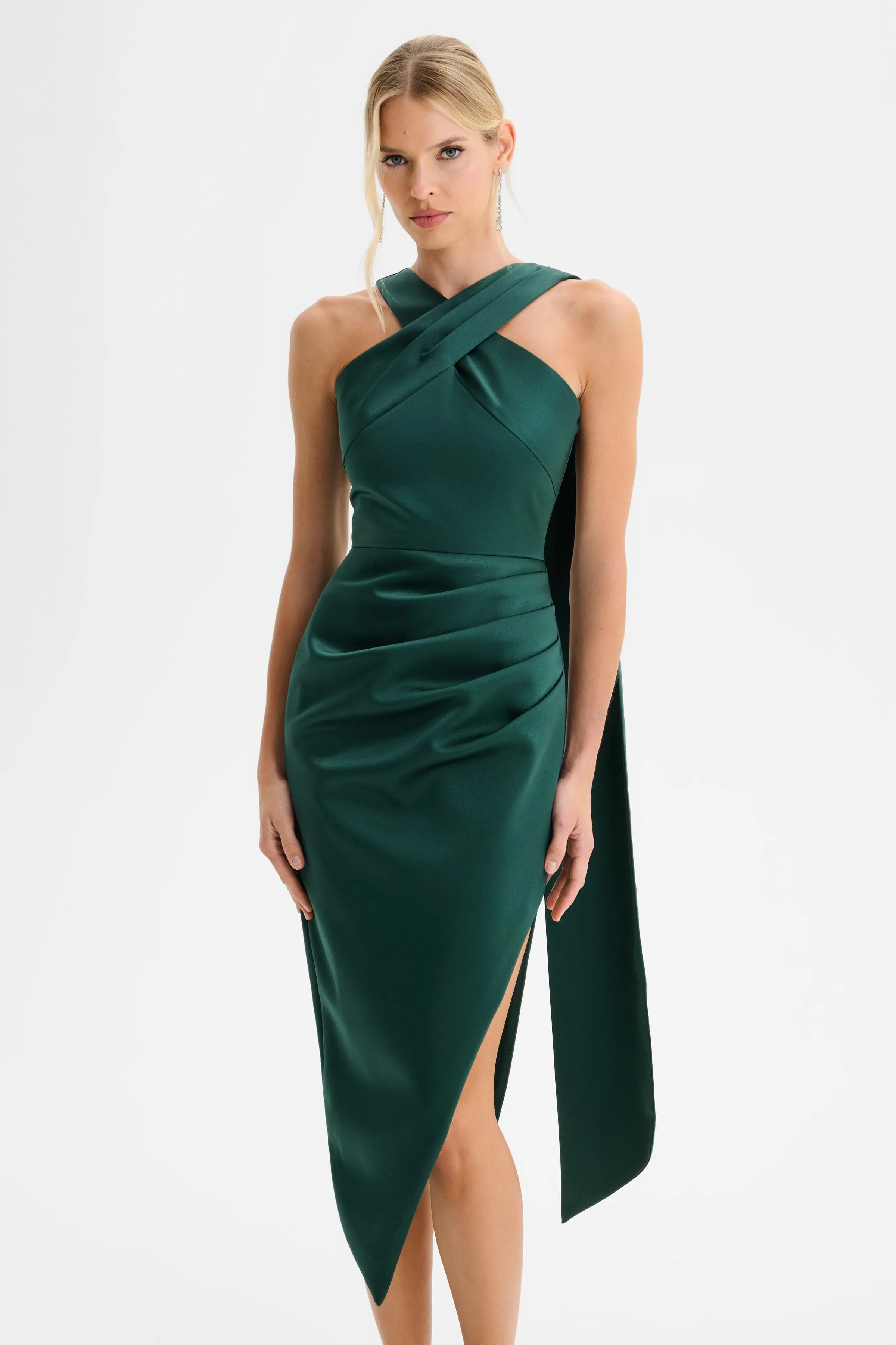 ROSE Cross Neck Bonded Satin Midi Dress with Drape in Emerald sold by Lavish Alice product image thumbnail 4