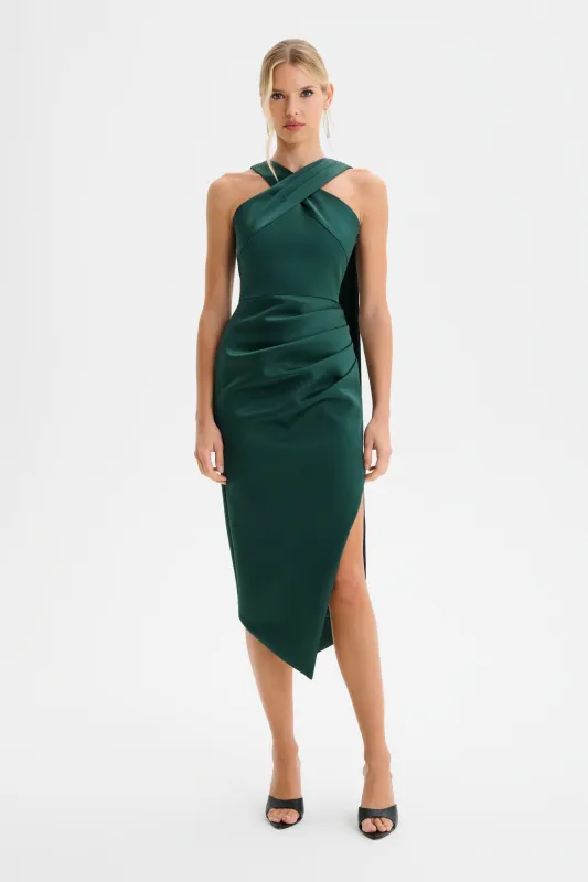 ROSE Cross Neck Bonded Satin Midi Dress with Drape in Emerald sold by Lavish Alice