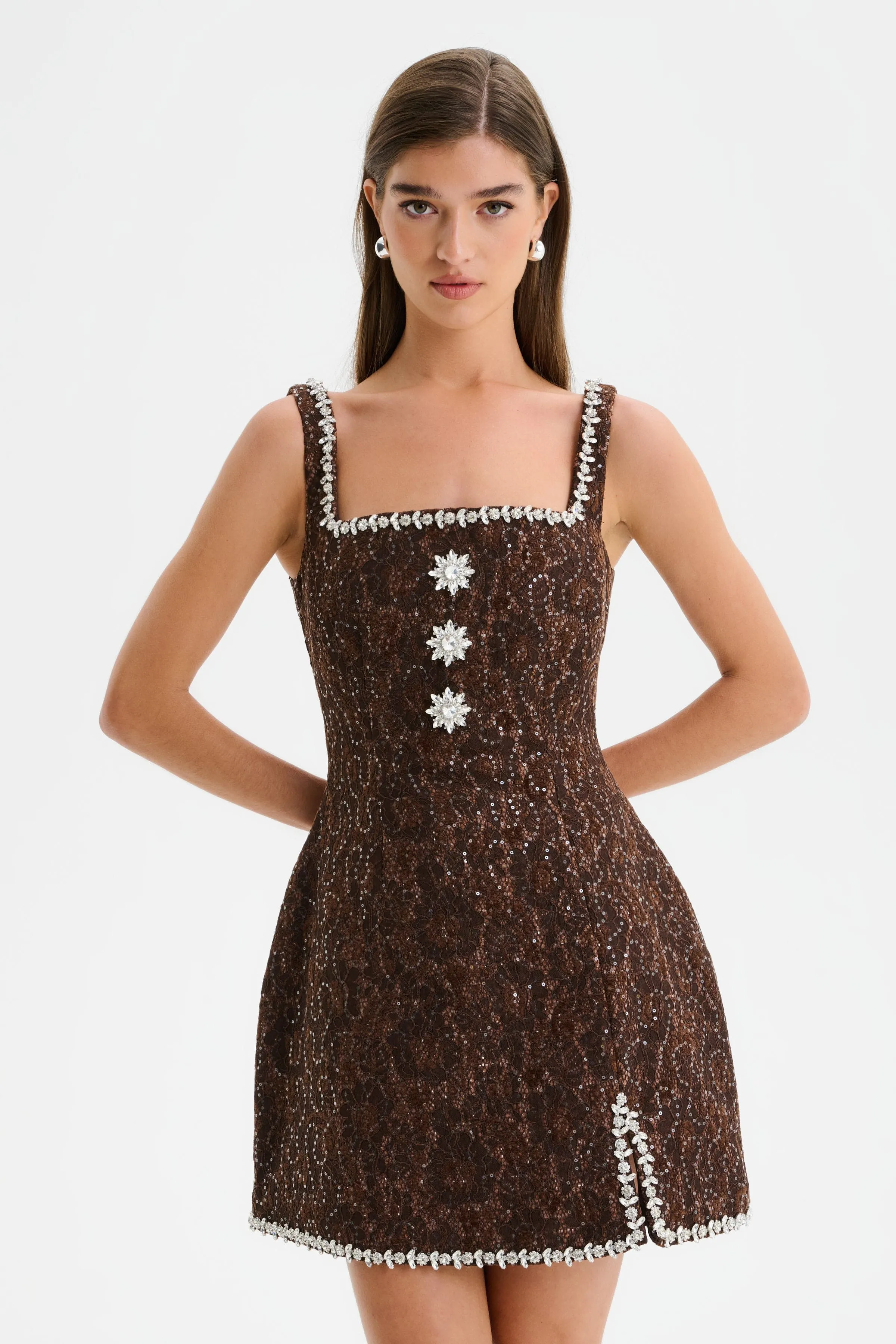 ZOEY Embellished Lace Boucle Tulip Mini Dress in Chocolate sold by Lavish Alice product image thumbnail 5