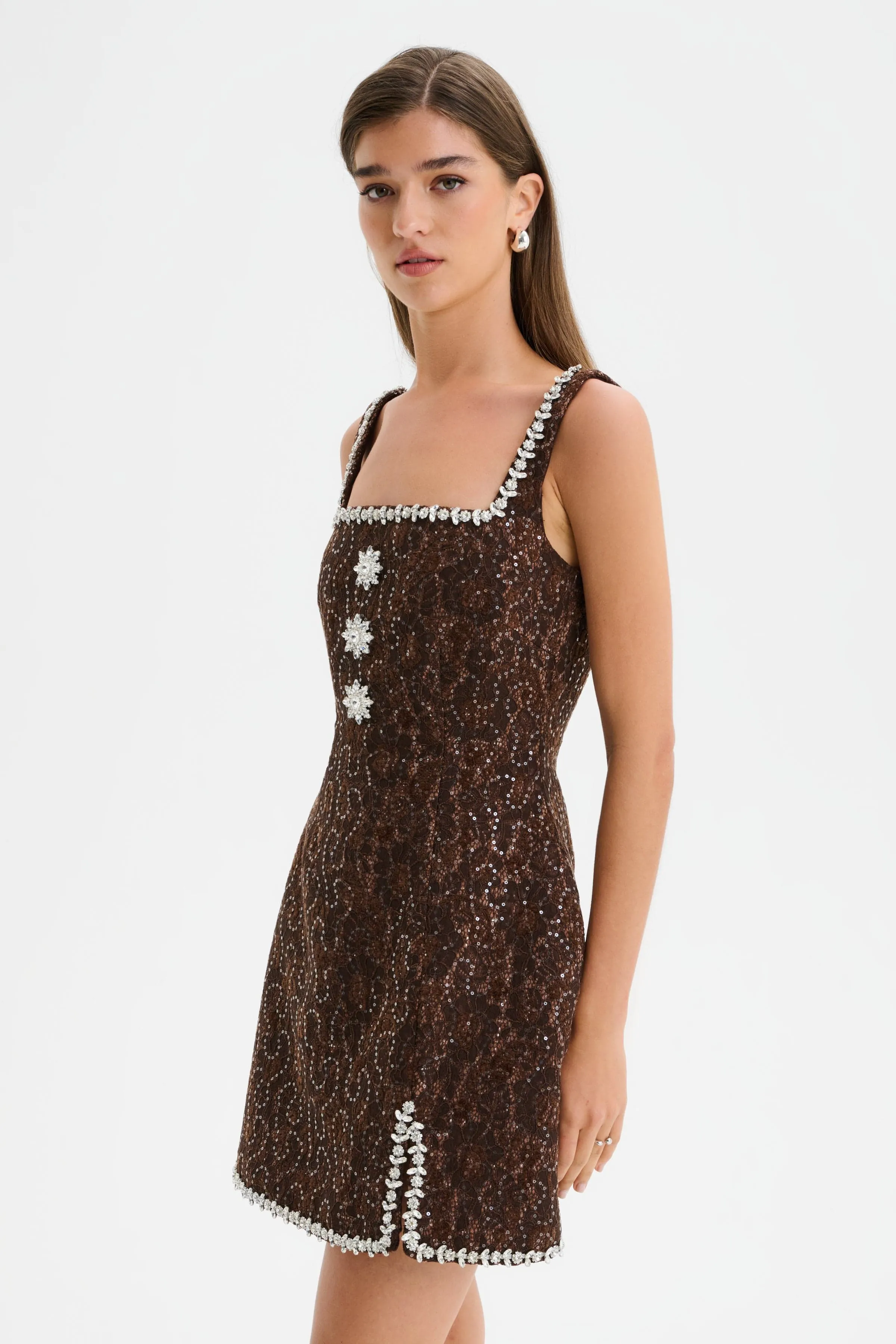 ZOEY Embellished Lace Boucle Tulip Mini Dress in Chocolate sold by Lavish Alice product image thumbnail 4