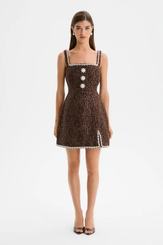 ZOEY Embellished Lace Boucle Tulip Mini Dress in Chocolate sold by Lavish Alice