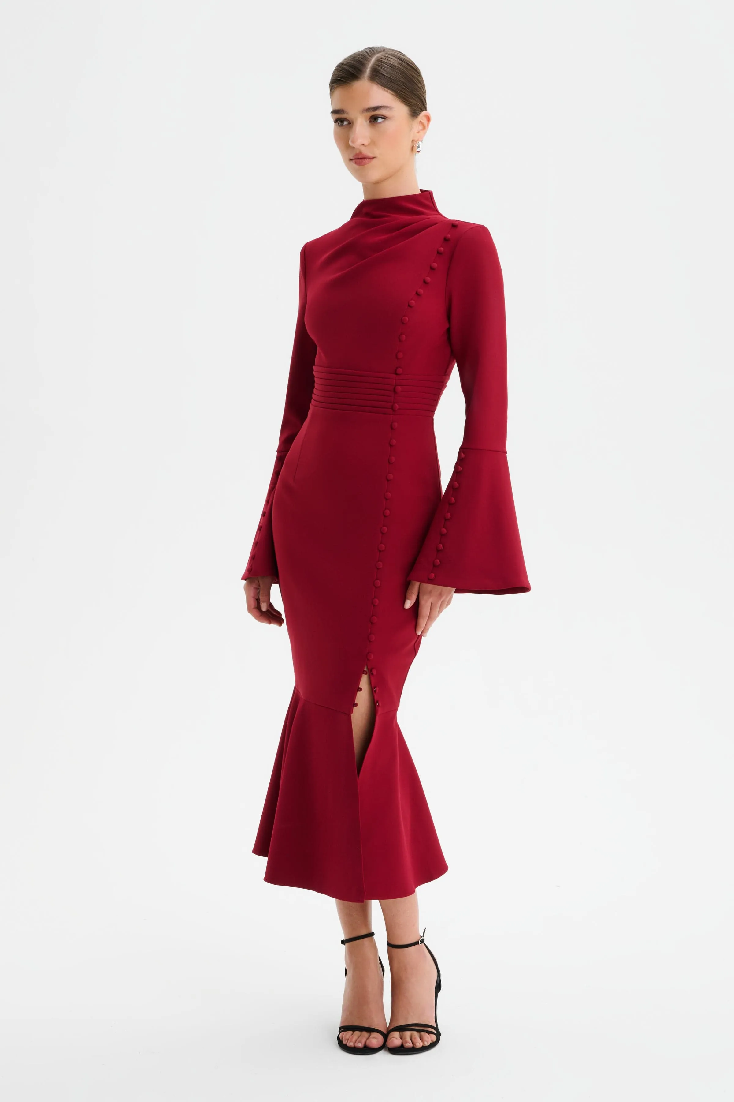 AUBREY High Neck Fluted Sleeve Micro Button Midi Dress in Burgundy sold by Lavish Alice product image thumbnail 3