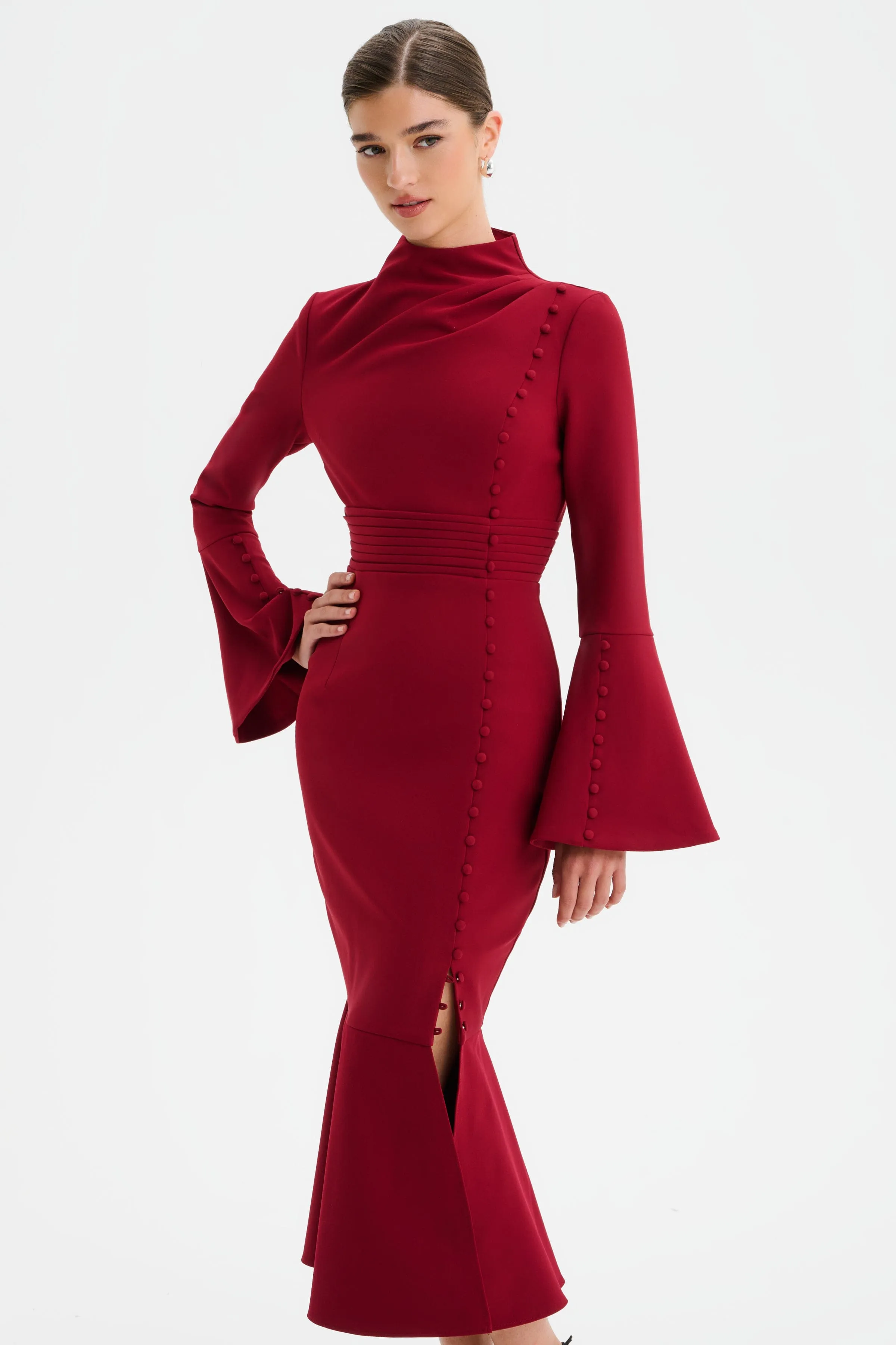 AUBREY High Neck Fluted Sleeve Micro Button Midi Dress in Burgundy sold by Lavish Alice product image thumbnail 4