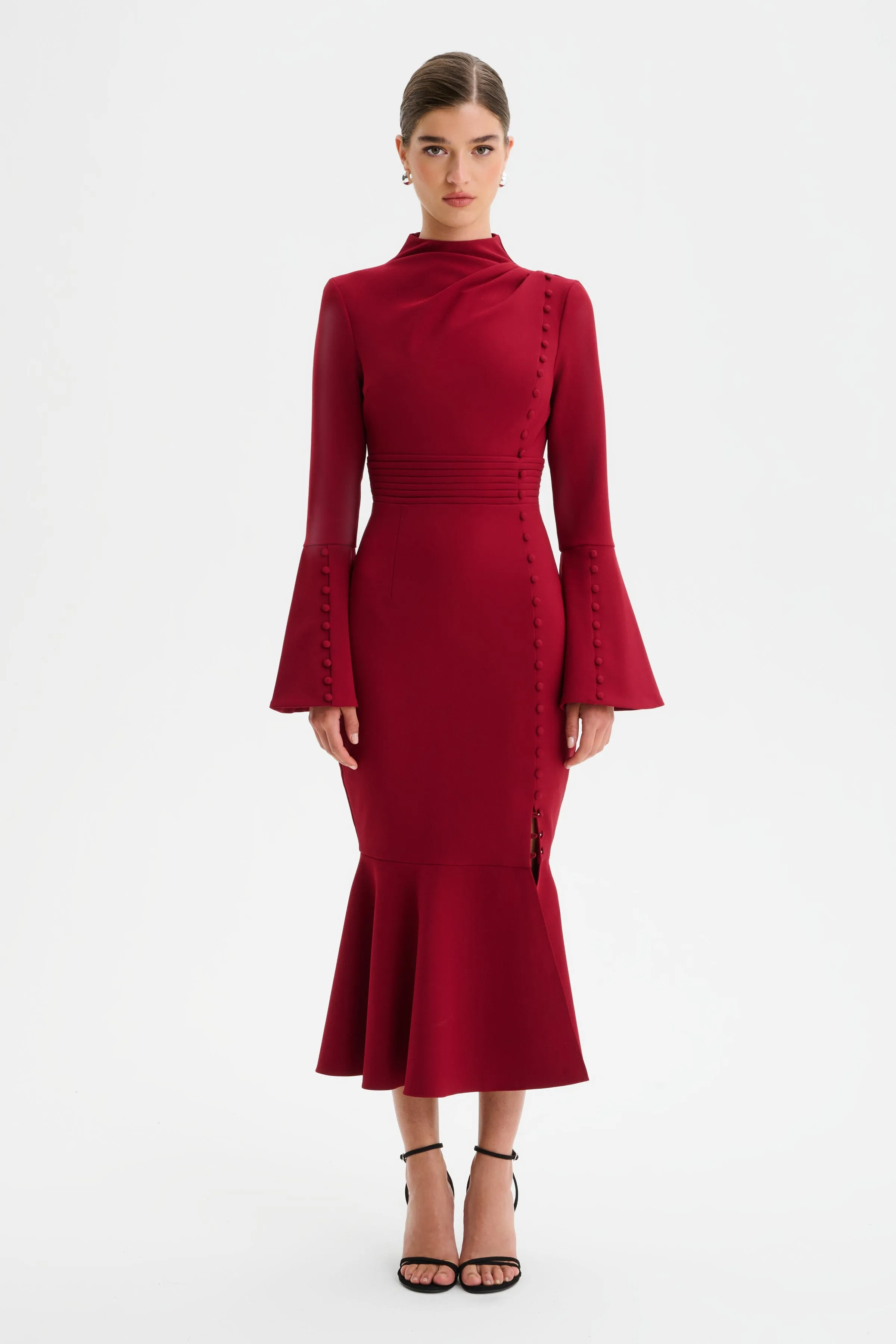 AUBREY High Neck Fluted Sleeve Micro Button Midi Dress in Burgundy sold by Lavish Alice
