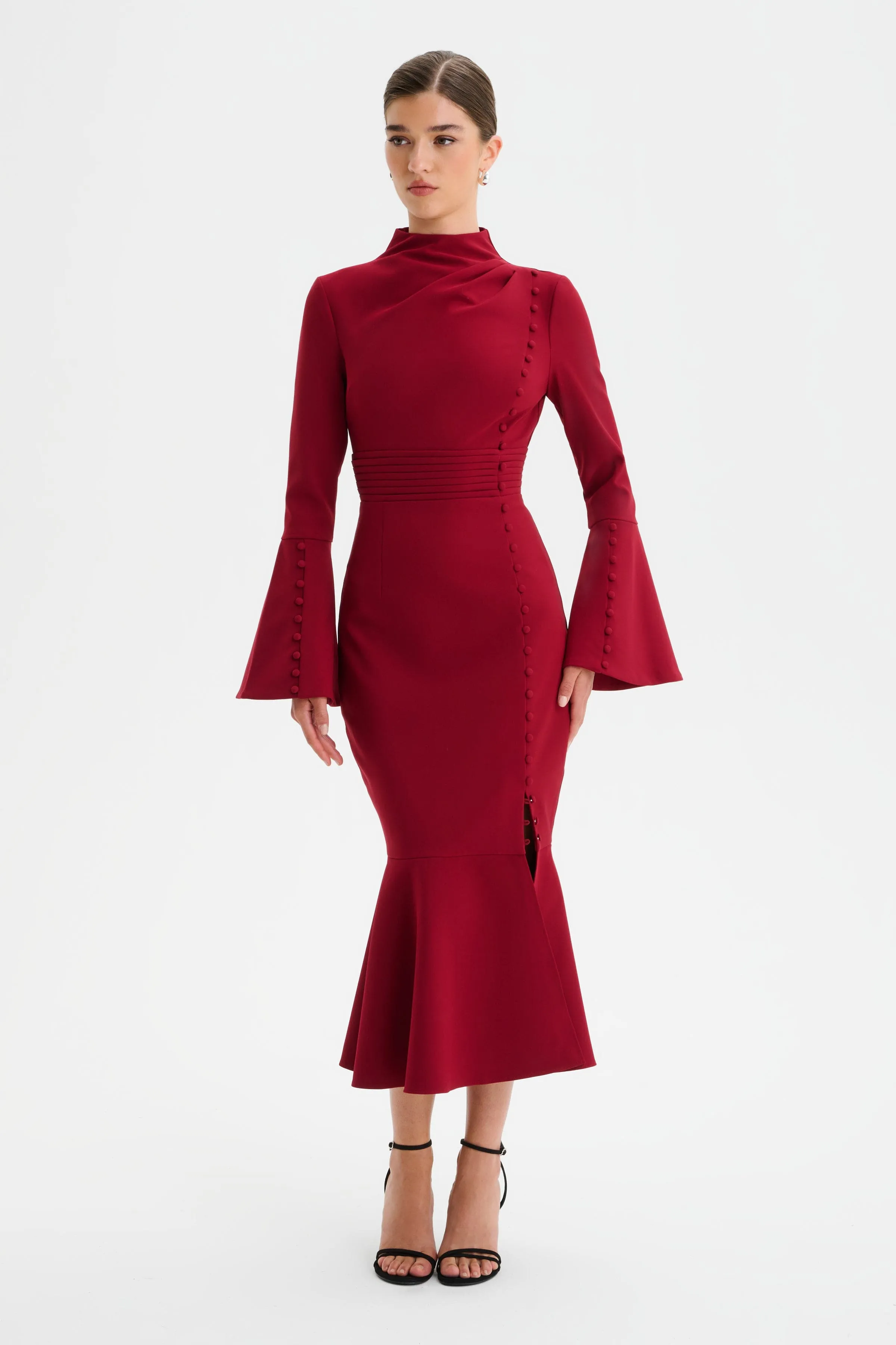 AUBREY High Neck Fluted Sleeve Micro Button Midi Dress in Burgundy sold by Lavish Alice product image thumbnail 2