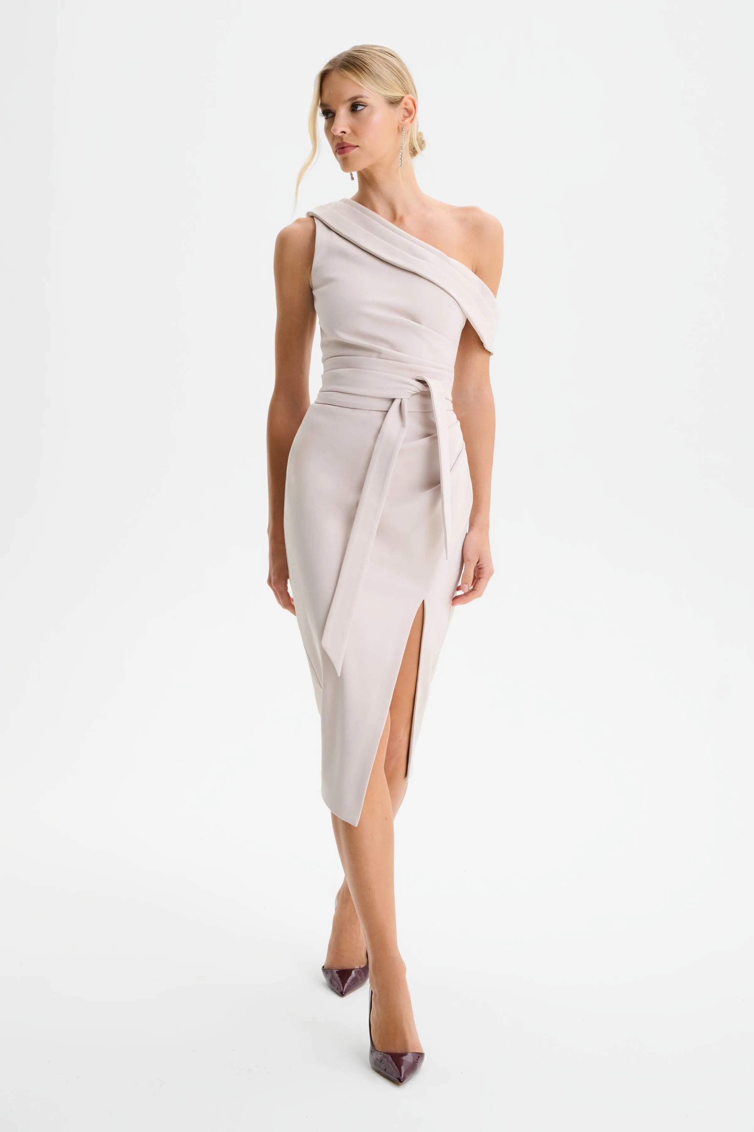 JESSICA Off Shoulder Belted Midi Dress in Champagne sold by Lavish Alice product image thumbnail 2