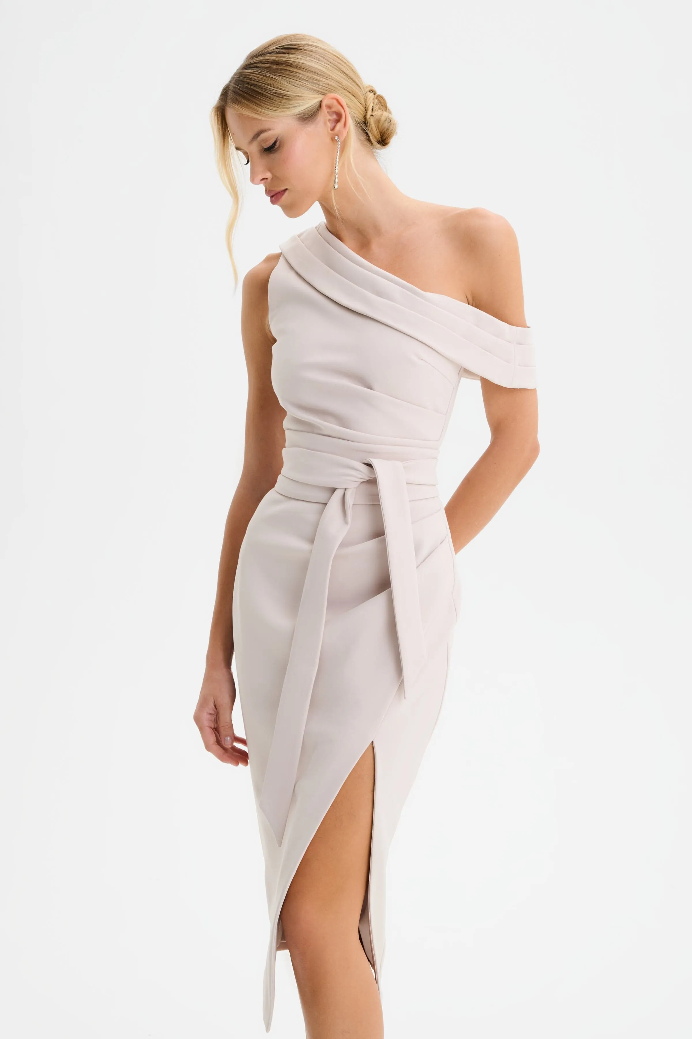 JESSICA Off Shoulder Belted Midi Dress in Champagne sold by Lavish Alice product image thumbnail 4