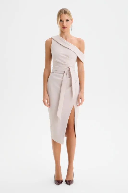 JESSICA Off Shoulder Pleated Obi Belted Midi Dress in Champagne sold by Lavish Alice