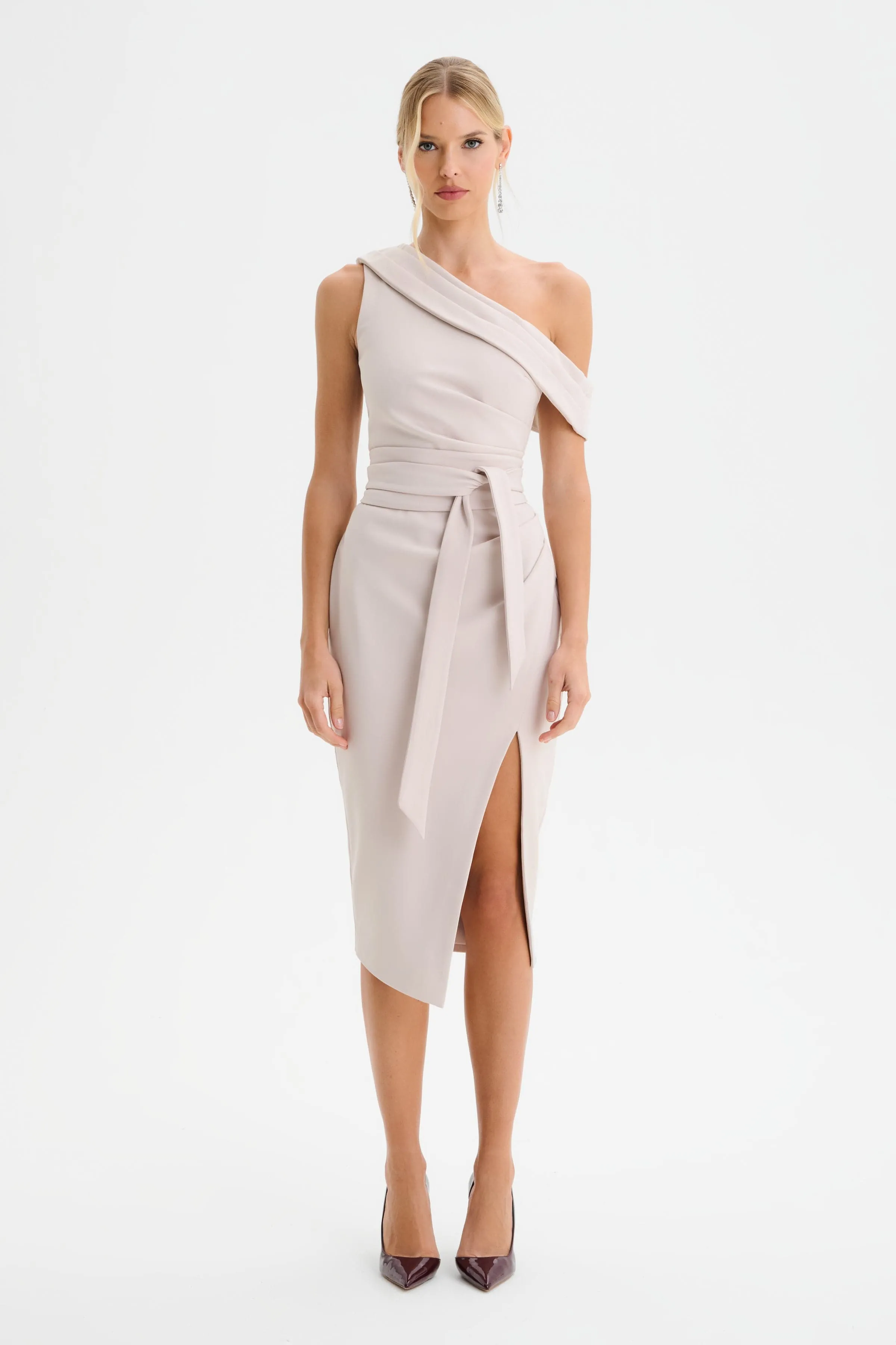 JESSICA Off Shoulder Belted Midi Dress in Champagne sold by Lavish Alice