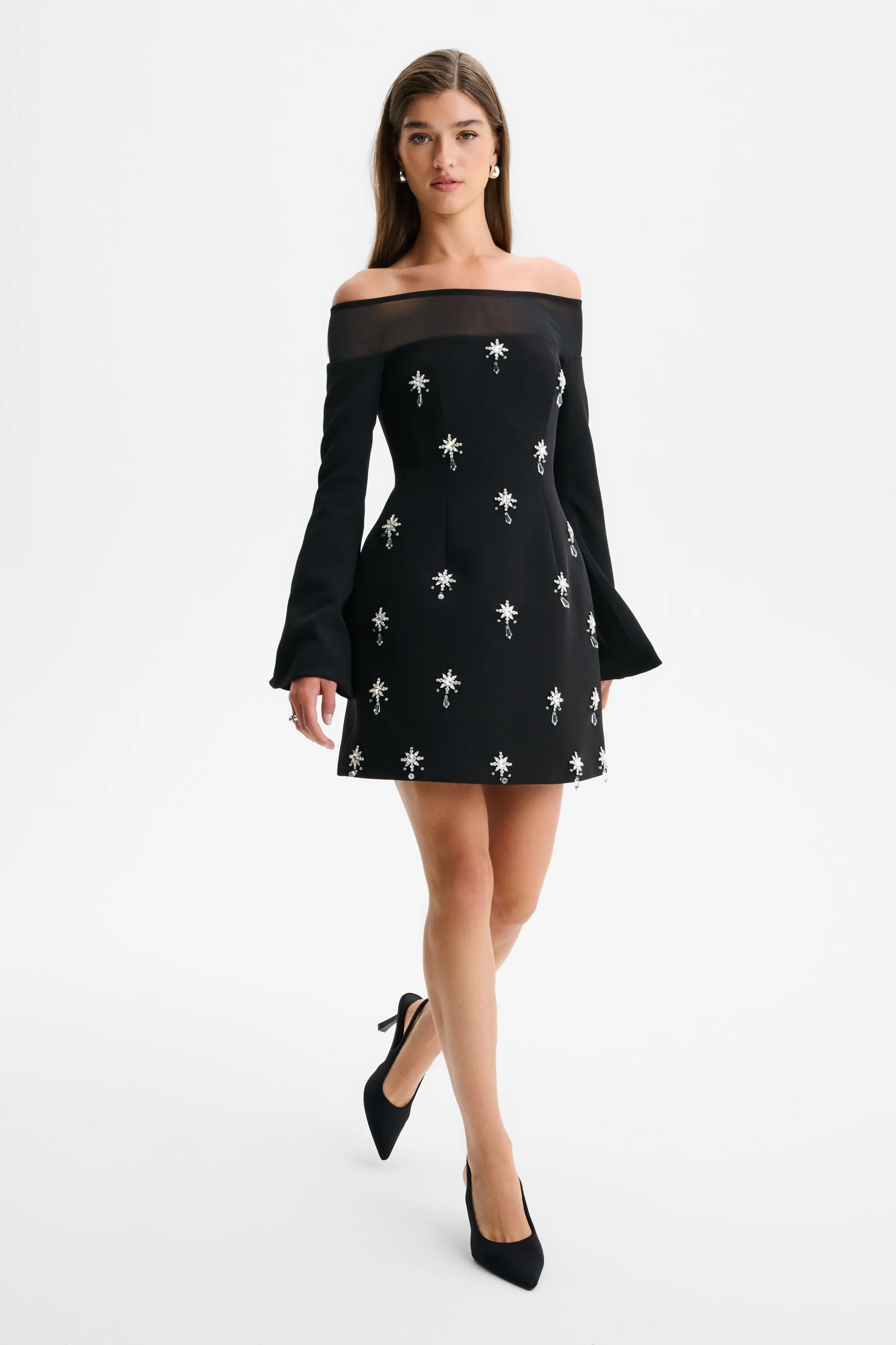 YASMIN Off Shoulder Embellished Tulip Dress with Sheer Detail in Black sold by Lavish Alice product image thumbnail 2