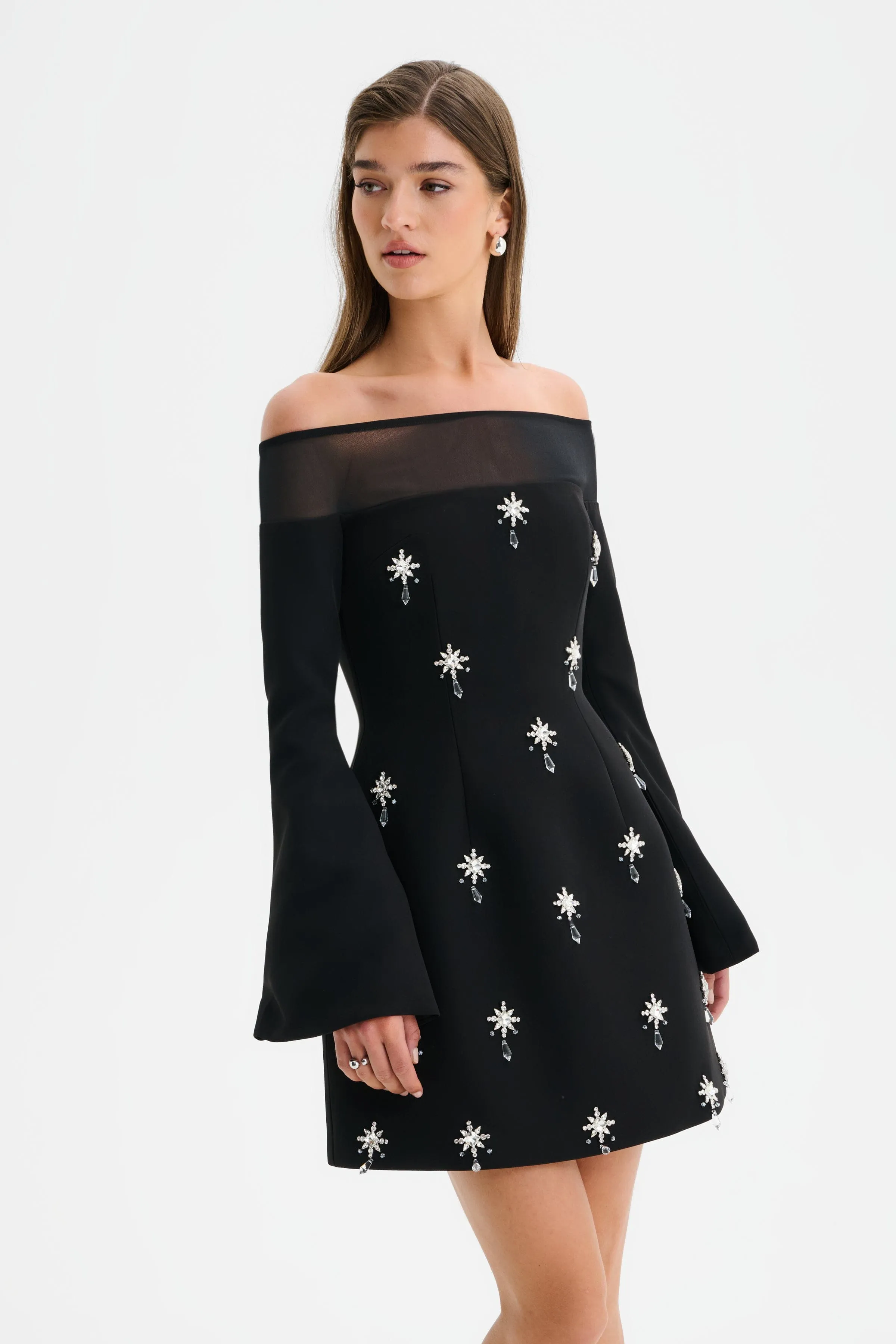 YASMIN Off Shoulder Embellished Tulip Dress with Sheer Detail in Black sold by Lavish Alice product image thumbnail 3