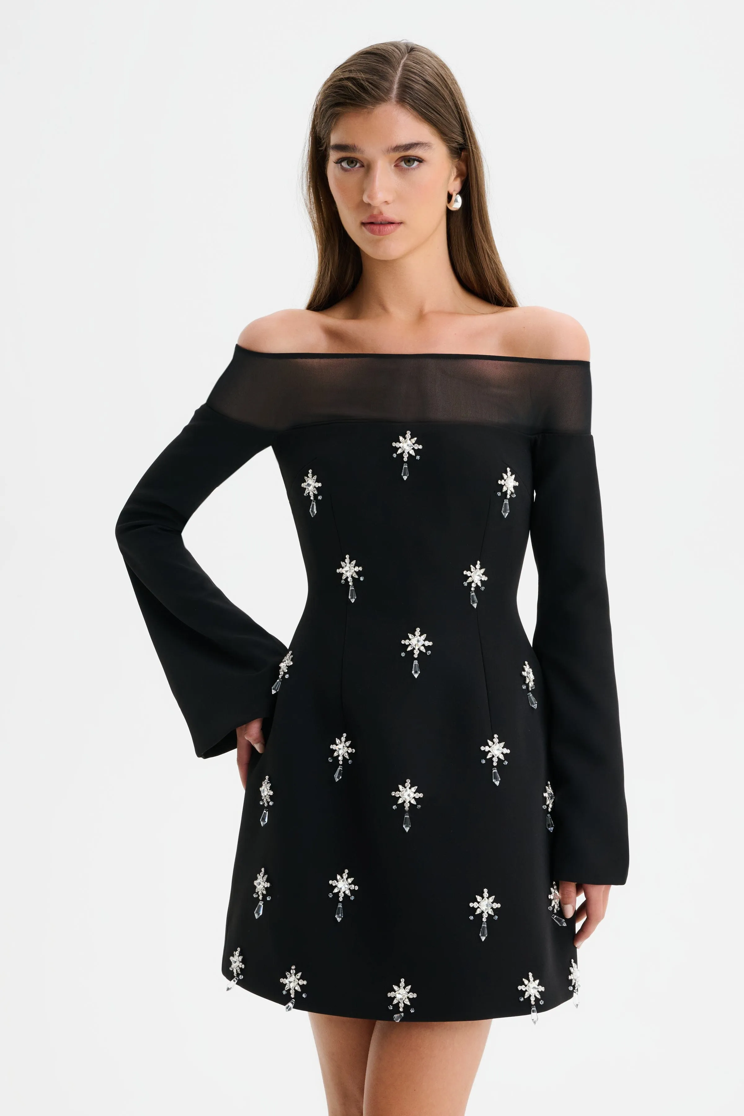 YASMIN Off Shoulder Embellished Tulip Dress with Sheer Detail in Black sold by Lavish Alice product image thumbnail 4