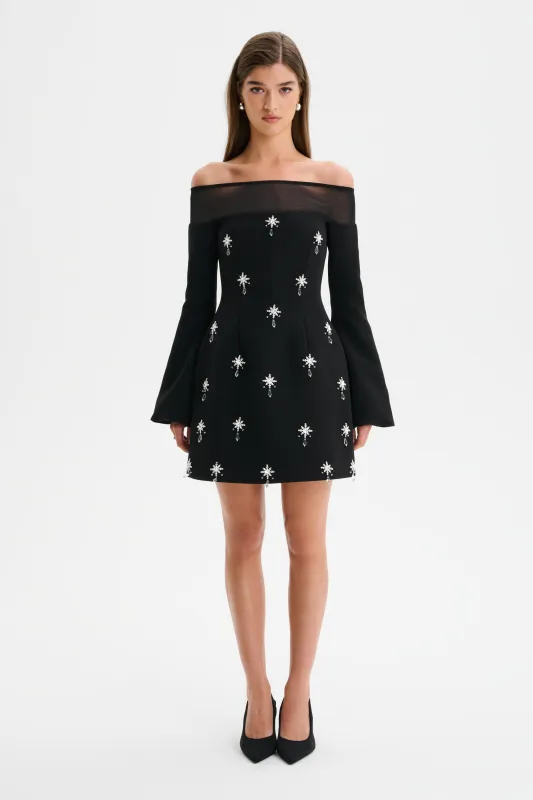 YASMIN Off Shoulder Embellished Tulip Dress with Sheer Detail in Black sold by Lavish Alice