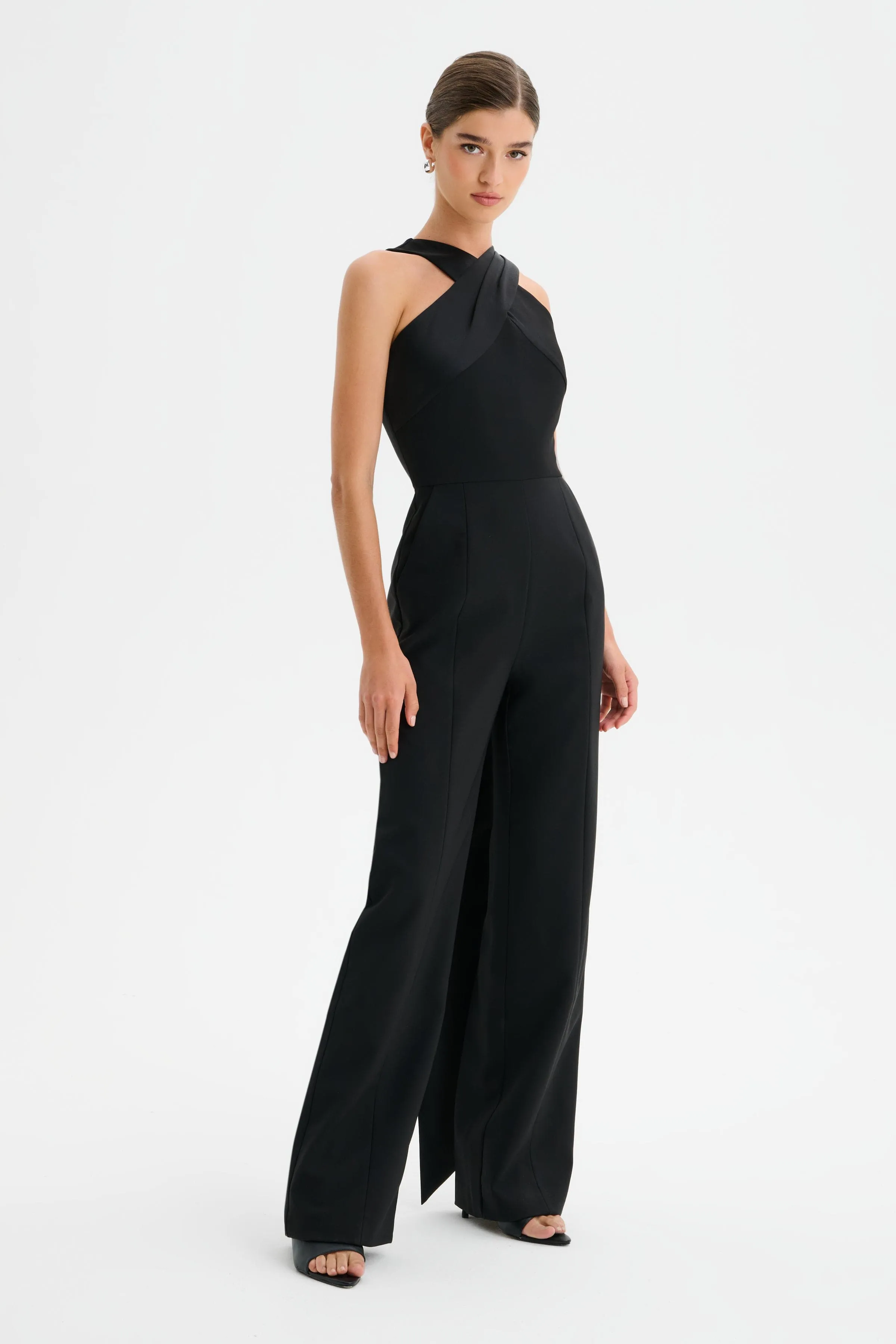 CHANTELLE Cross Neck Straight Leg Jumpsuit with Satin Drape in Black sold by Lavish Alice product image thumbnail 4