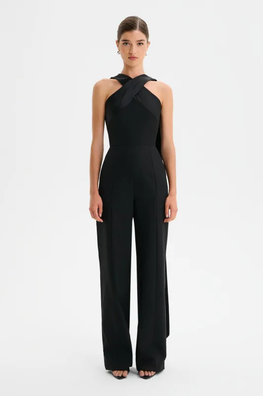 CHANTELLE Cross Neck Straight Leg Jumpsuit with Satin Drape in Black sold by Lavish Alice