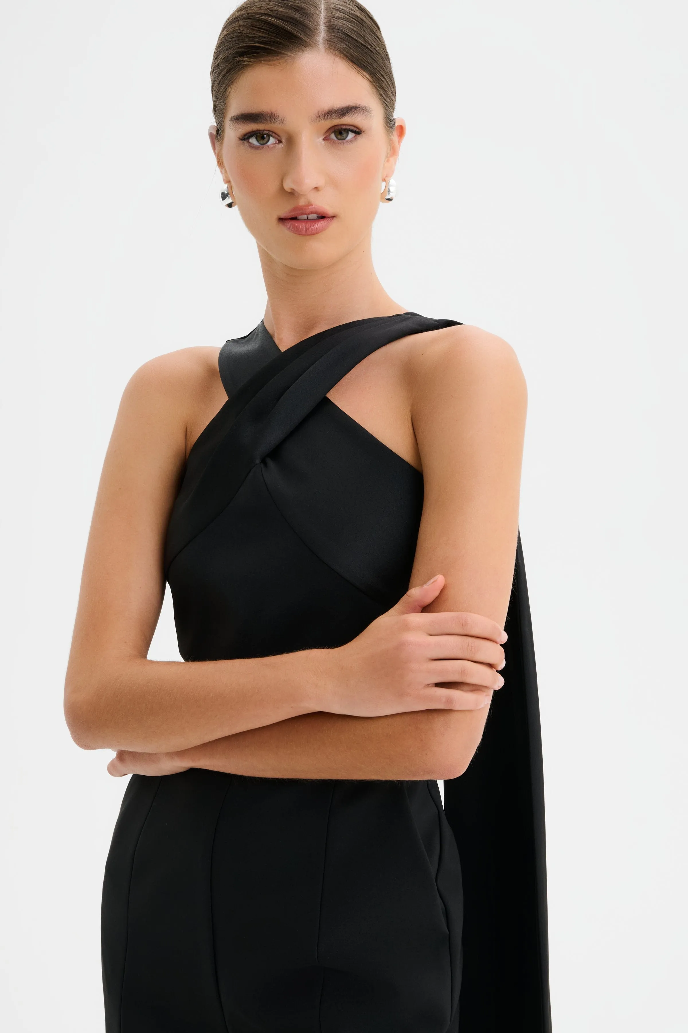 CHANTELLE Cross Neck Straight Leg Jumpsuit with Satin Drape in Black sold by Lavish Alice product image thumbnail 5