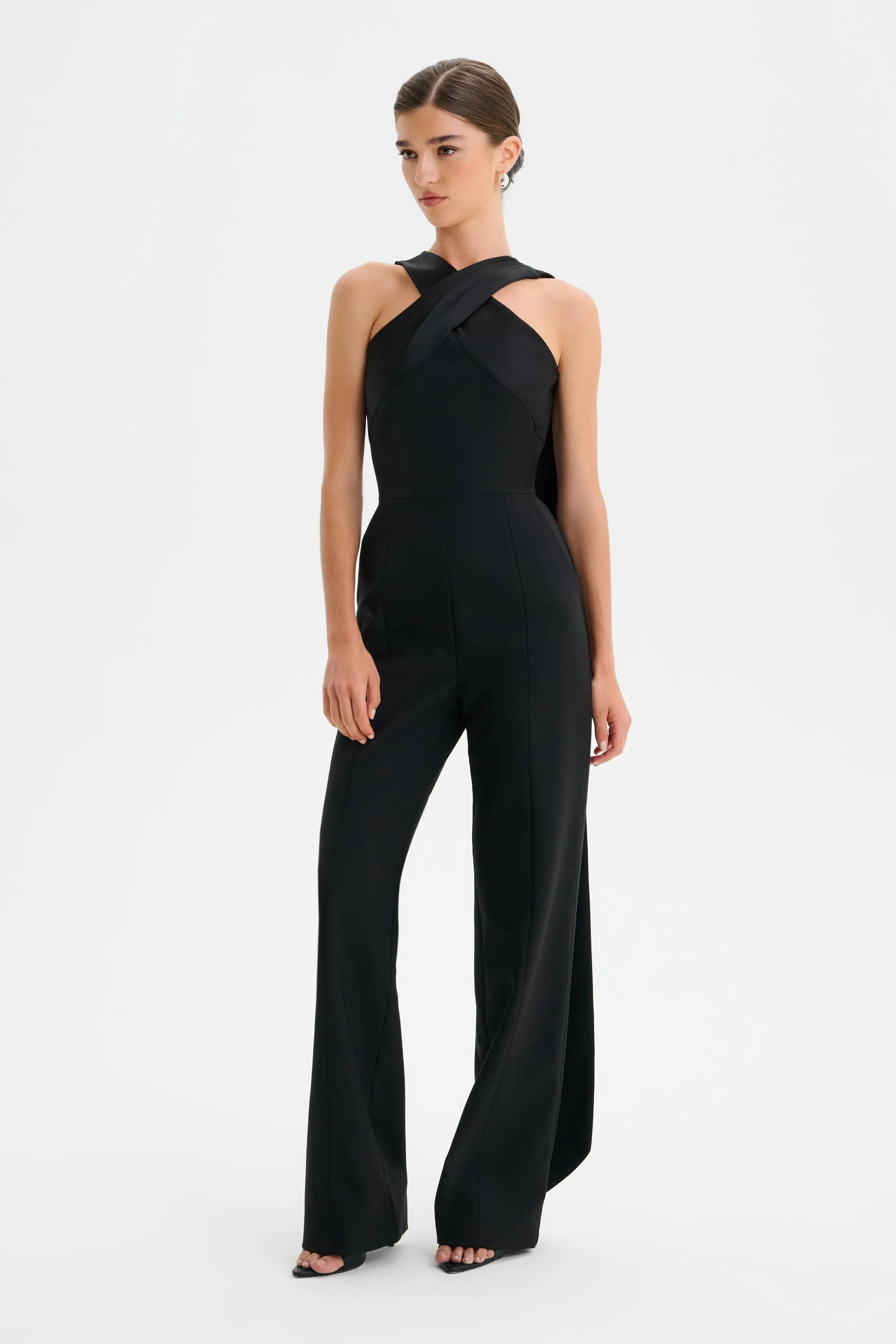CHANTELLE Cross Neck Straight Leg Jumpsuit with Satin Drape in Black sold by Lavish Alice product image thumbnail 2