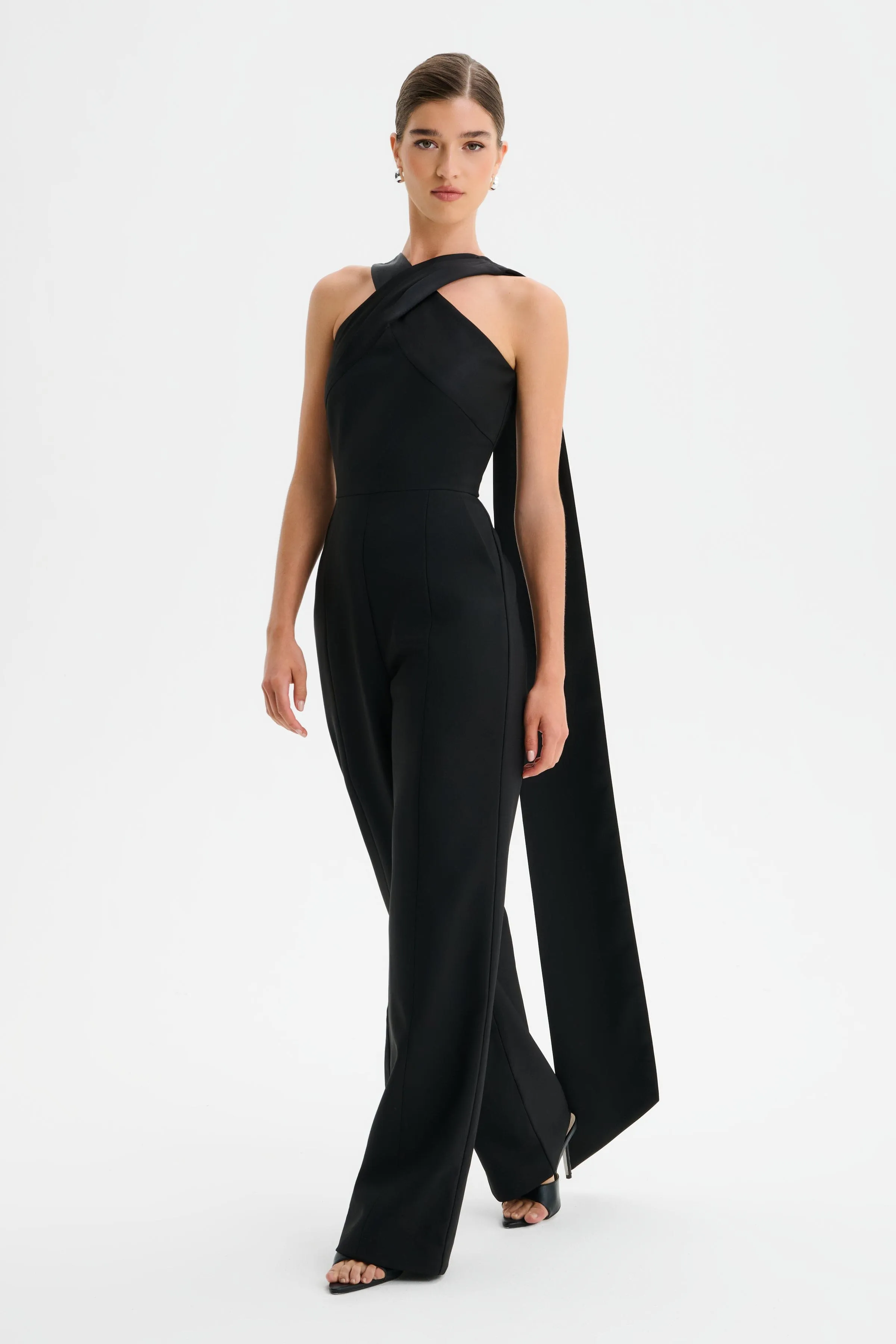 CHANTELLE Cross Neck Straight Leg Jumpsuit with Satin Drape in Black sold by Lavish Alice product image thumbnail 3