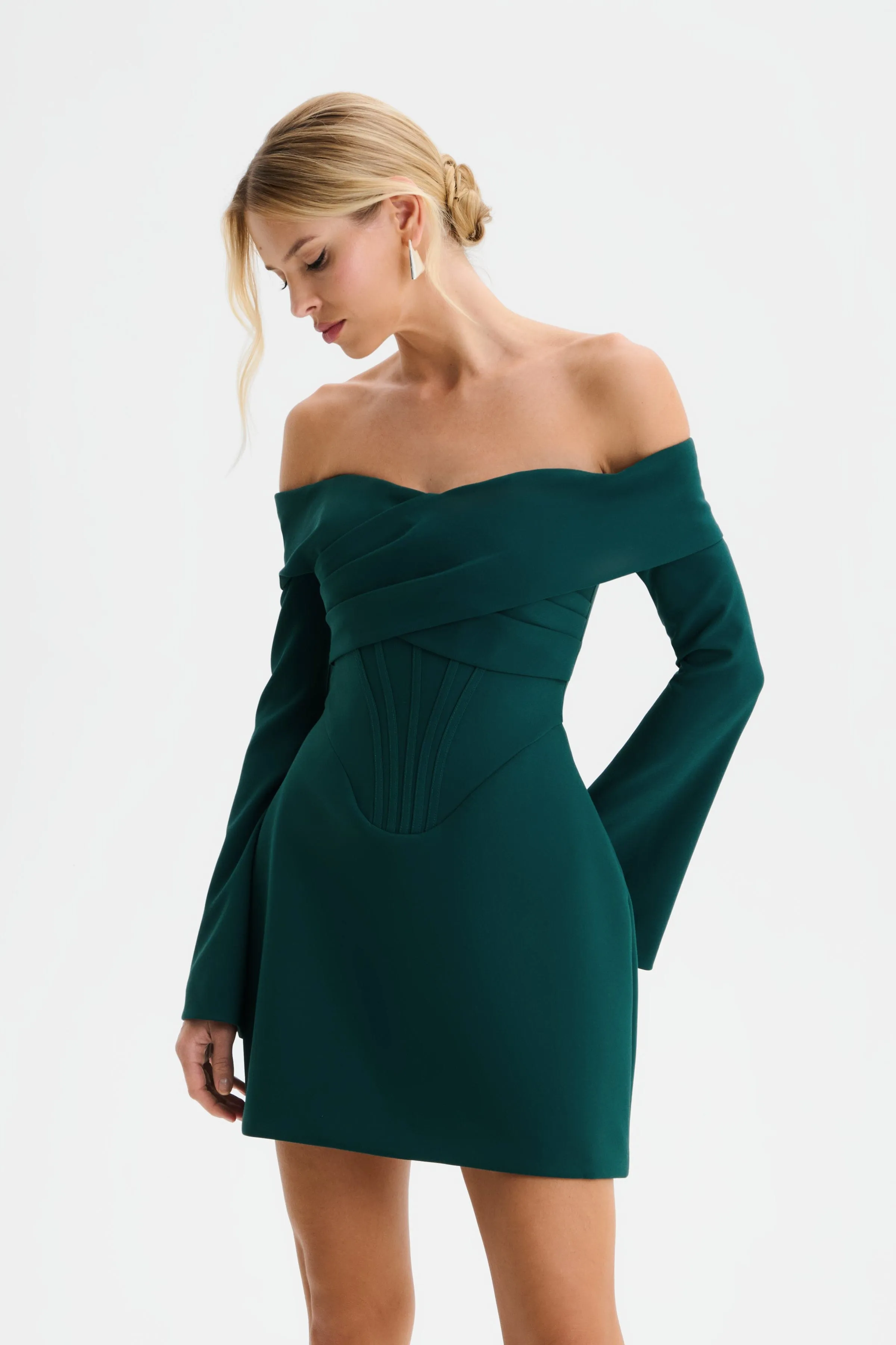 BONNIE Off Shoulder Tulip Mini Dress with Corsetry Detail in Emerald Green sold by Lavish Alice product image thumbnail 4