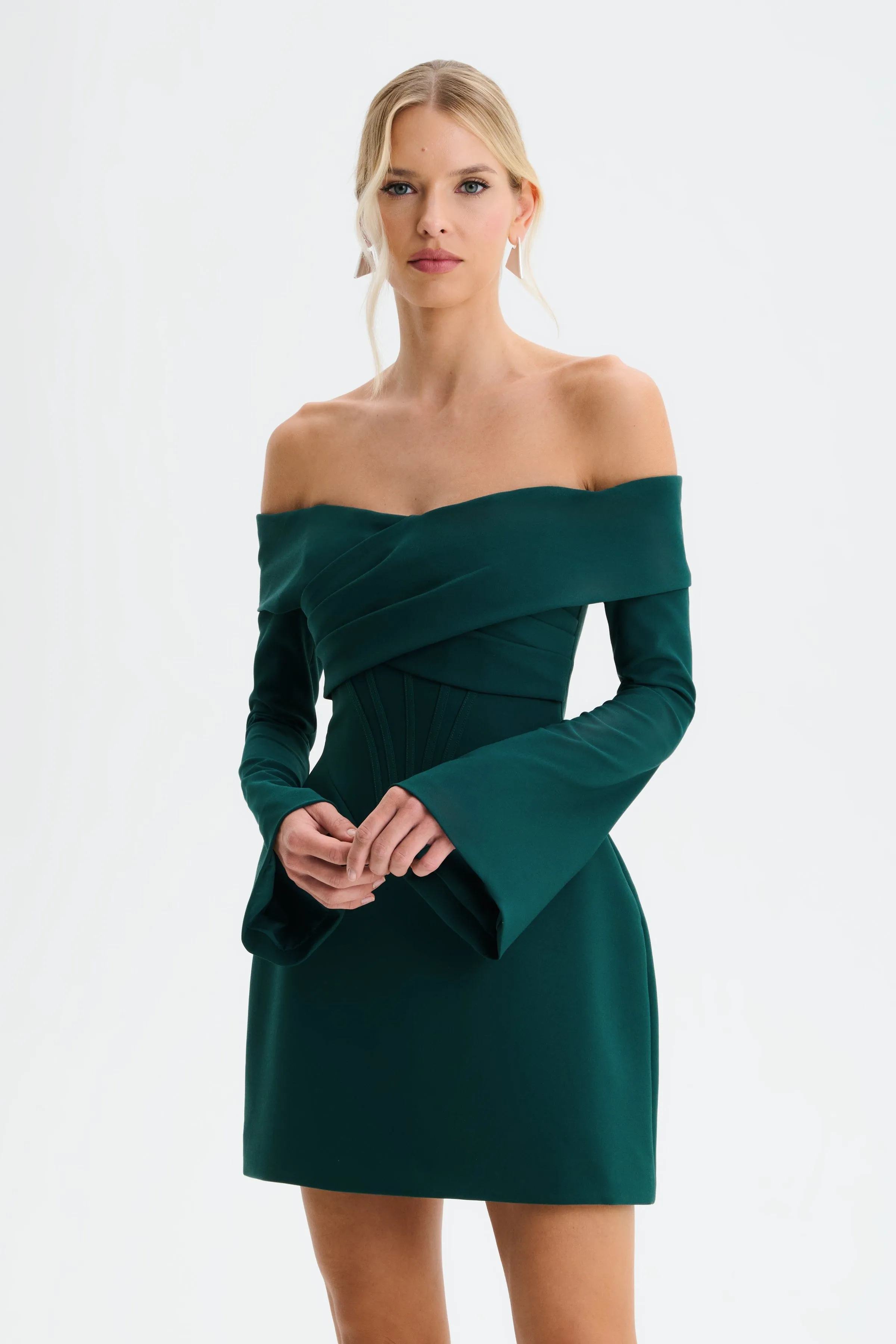 BONNIE Off Shoulder Tulip Mini Dress with Corsetry Detail in Emerald Green sold by Lavish Alice product image thumbnail 5