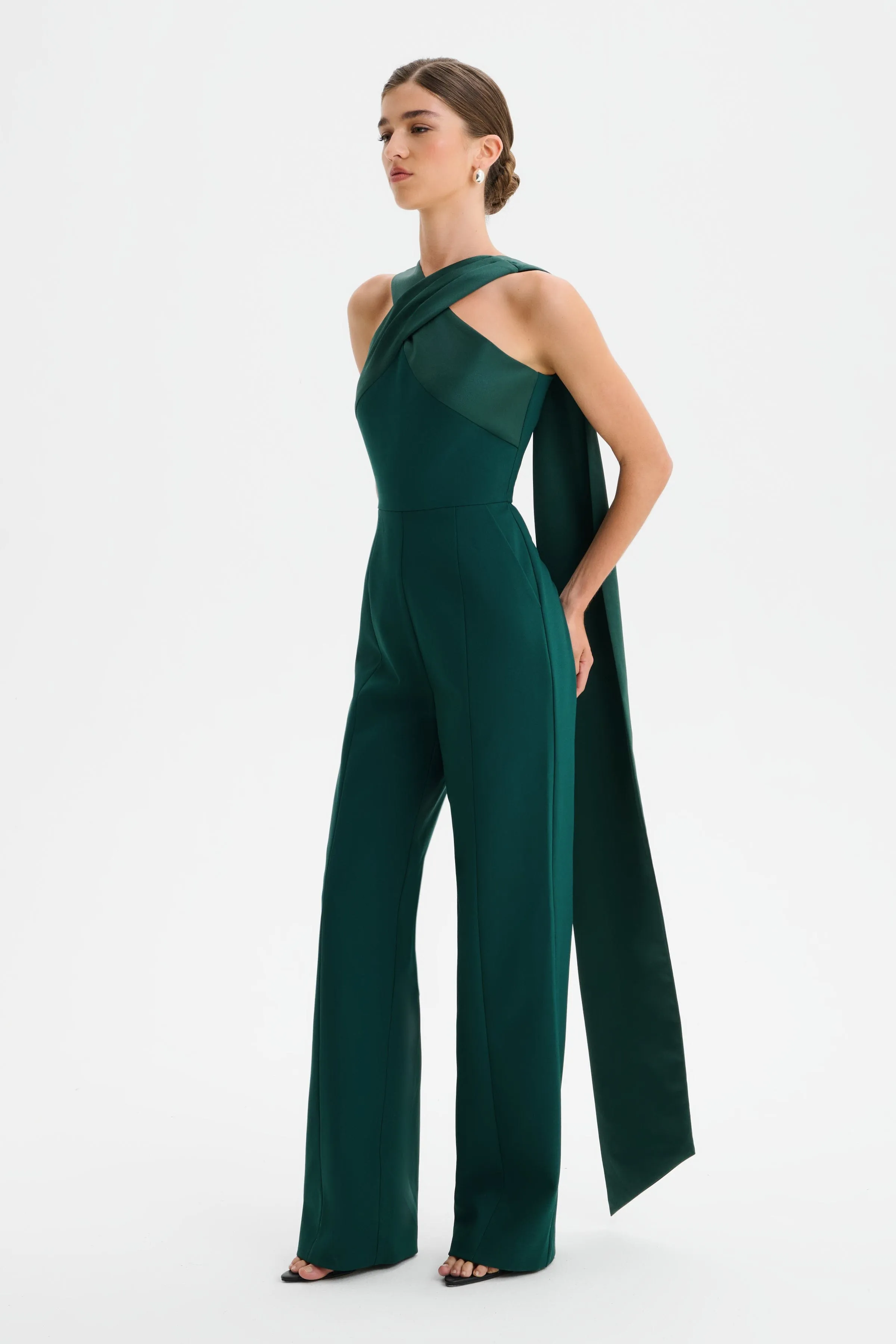 CHANTELLE Cross Neck Straight Leg Jumpsuit with Satin Drape in Emerald sold by Lavish Alice product image thumbnail 3