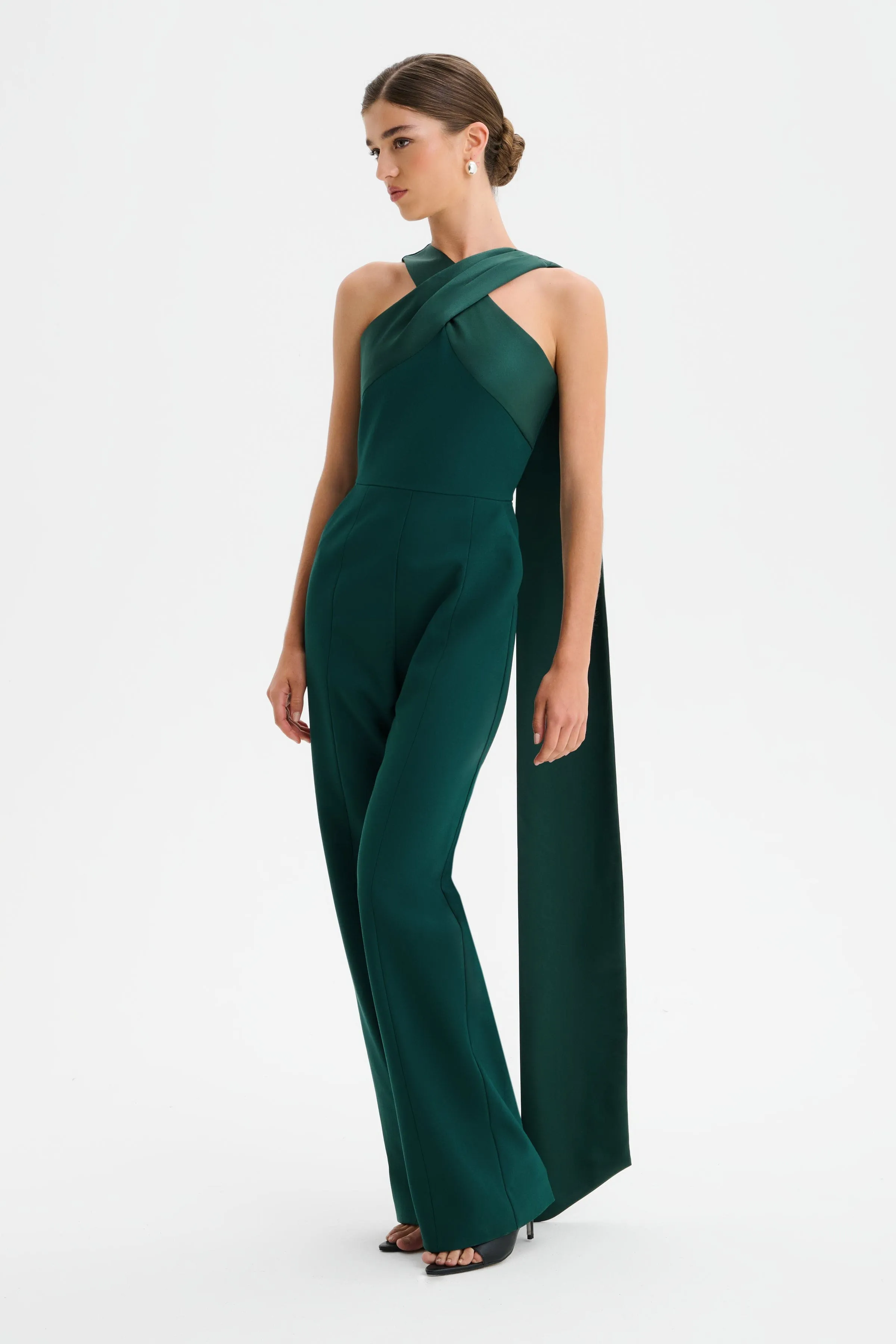 CHANTELLE Cross Neck Straight Leg Jumpsuit with Satin Drape in Emerald sold by Lavish Alice product image thumbnail 4
