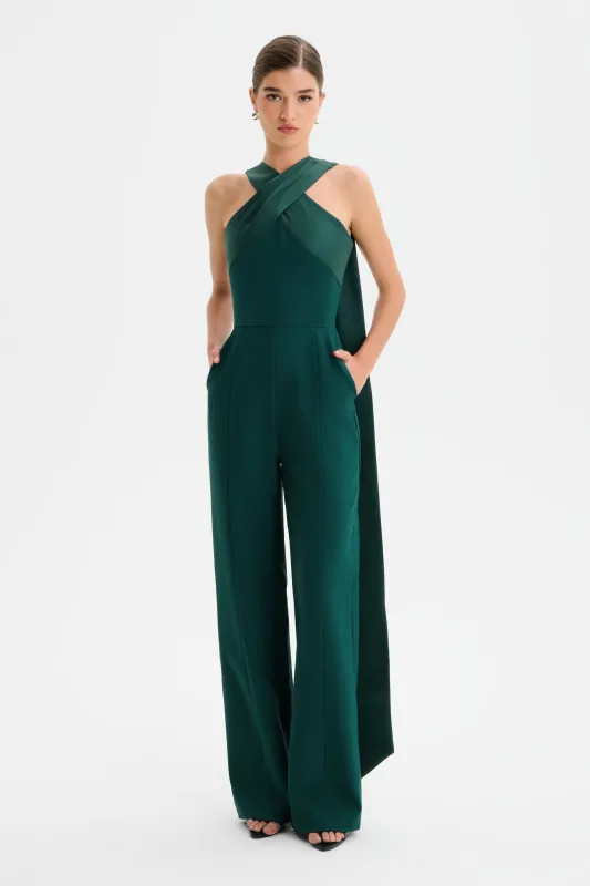CHANTELLE Cross Neck Straight Leg Jumpsuit with Satin Drape in Emerald sold by Lavish Alice