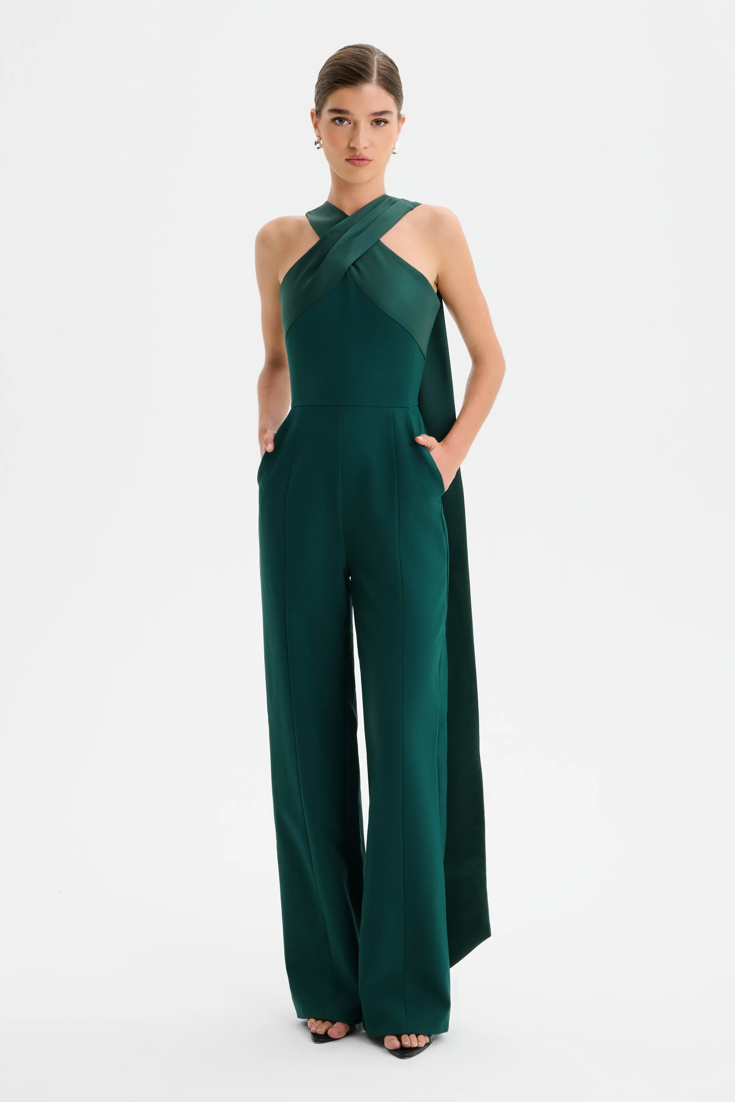 CHANTELLE Cross Neck Straight Leg Jumpsuit with Satin Drape in Emerald sold by Lavish Alice