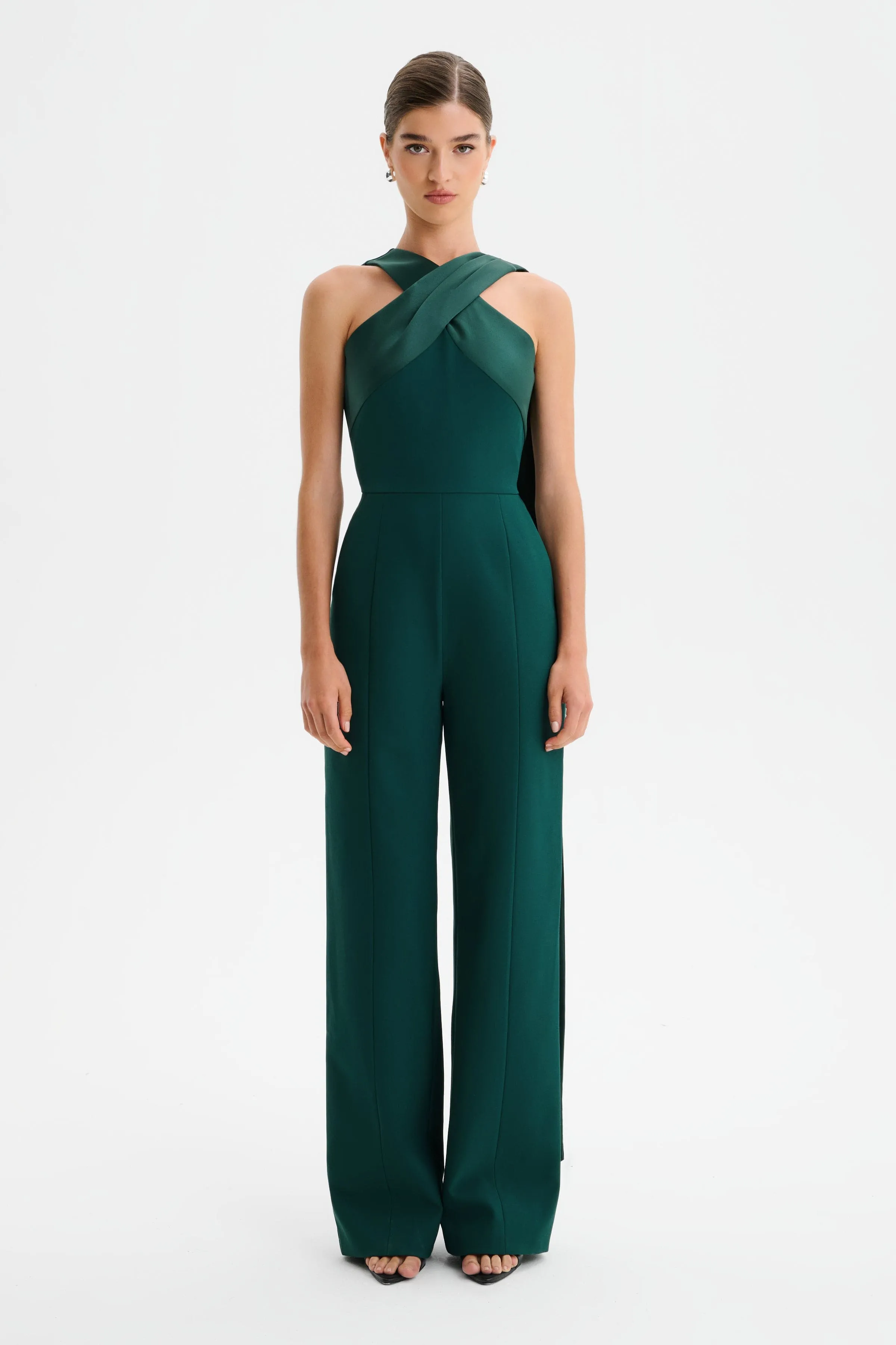 CHANTELLE Cross Neck Straight Leg Jumpsuit with Satin Drape in Emerald sold by Lavish Alice product image thumbnail 2
