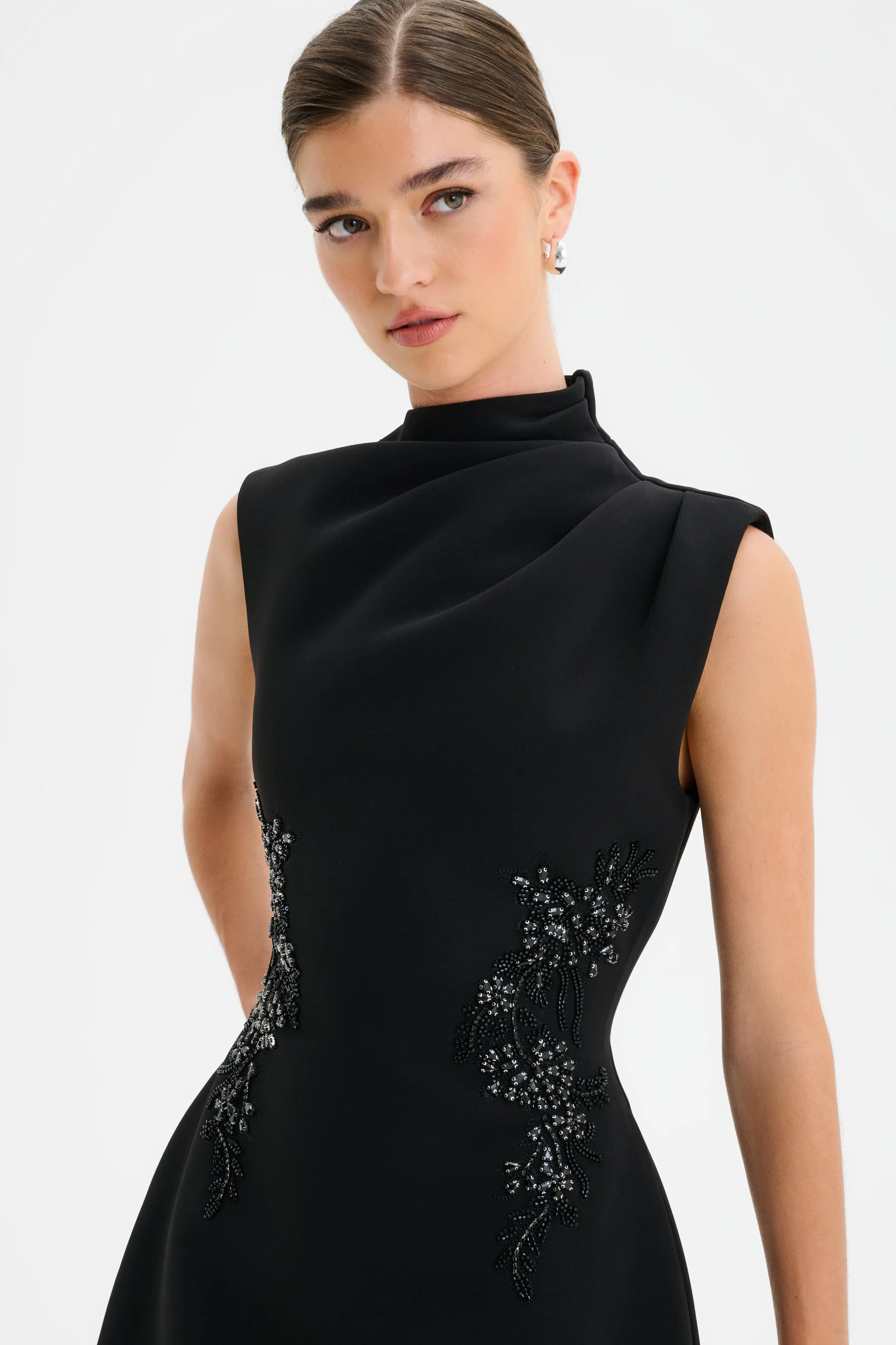 AMBAR Asymmetric High Neck Embellished Tulip Mini Dress in Black sold by Lavish Alice product image thumbnail 5