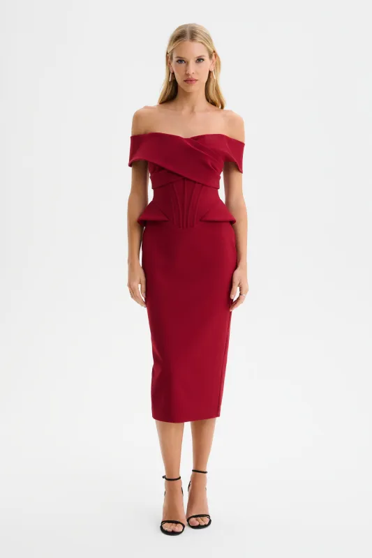BETHANY Off Shoulder Midi Dress with Corsetry Detail in Burgundy sold by Lavish Alice
