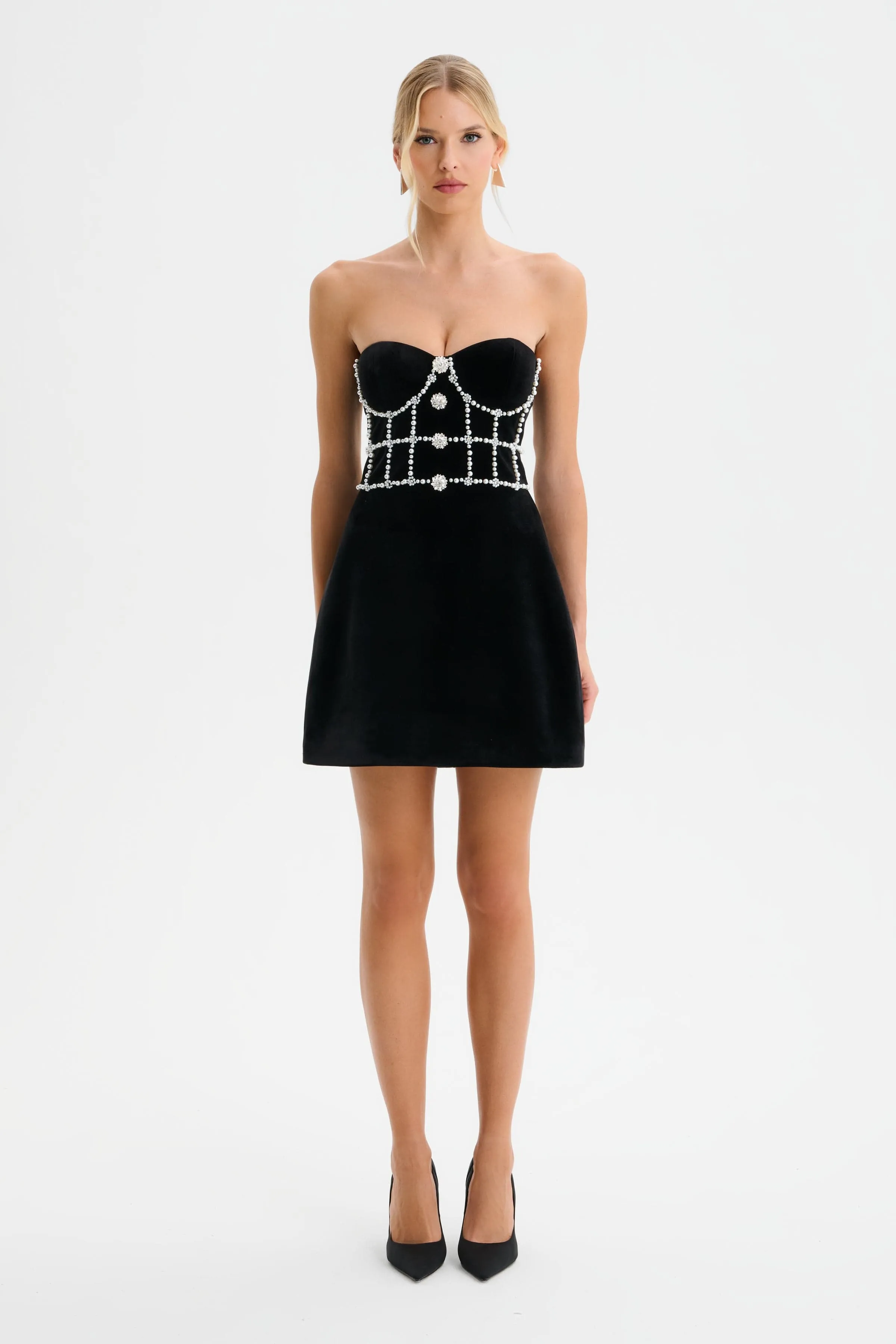 MASIE Embellished Velvet Mini Dress in Black sold by Lavish Alice