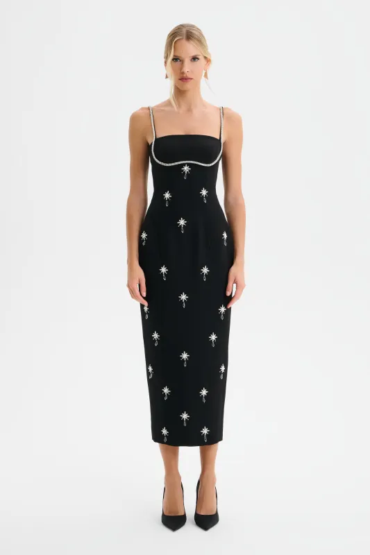 DAISY Hand Embellished Contour Tailored Midi Dress in Black sold by Lavish Alice