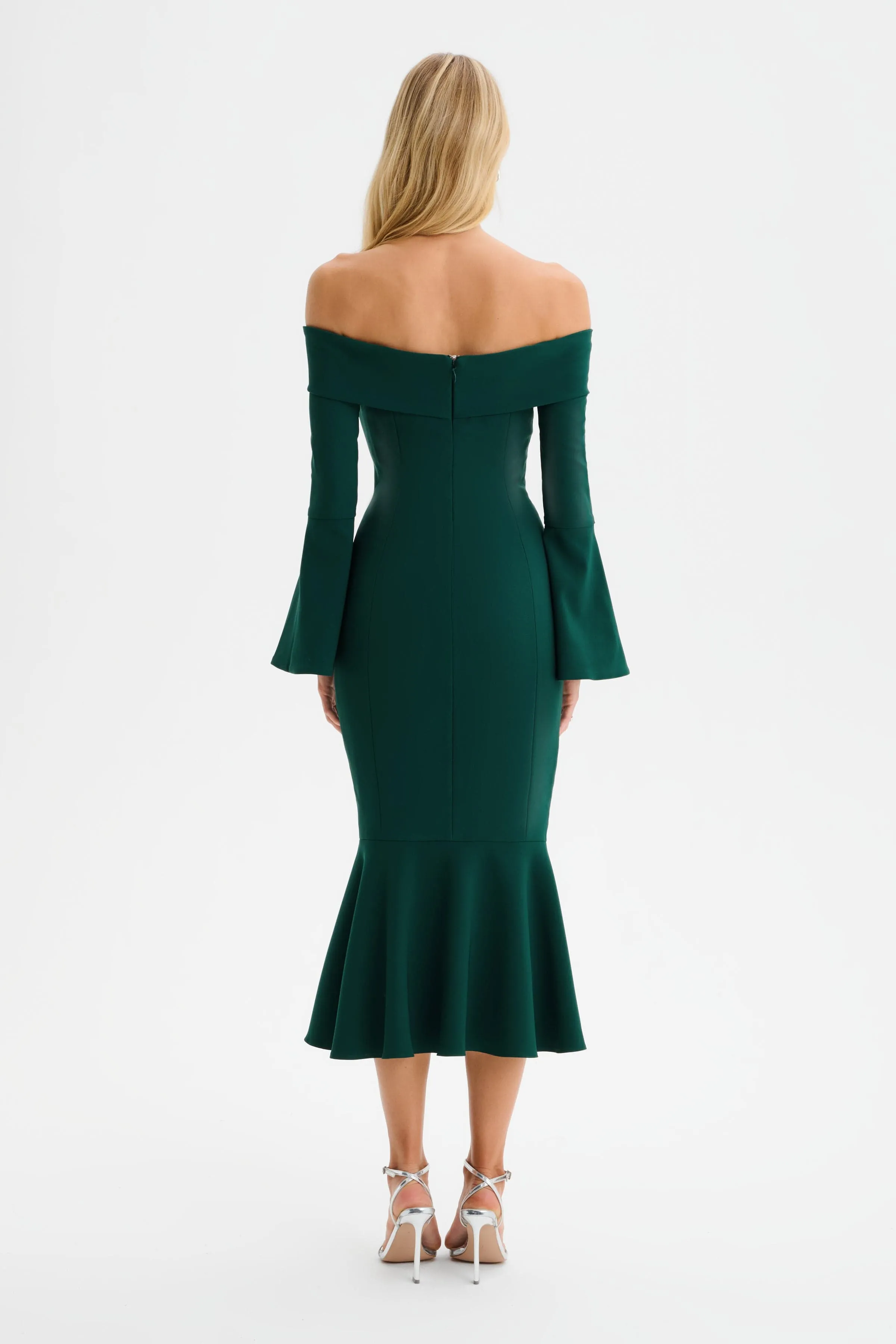 CIARA Off Shoulder Micro Button Midi Dress in Emerald Green sold by Lavish Alice product image thumbnail 5