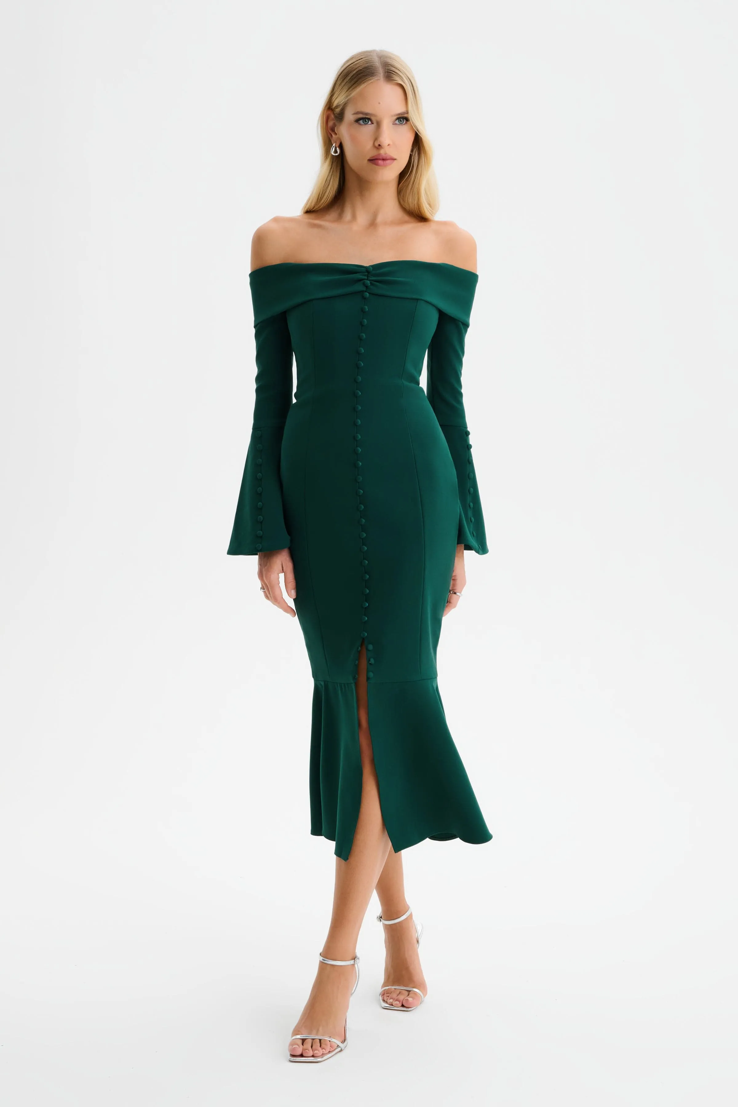 CIARA Off Shoulder Micro Button Midi Dress in Emerald Green sold by Lavish Alice product image thumbnail 2