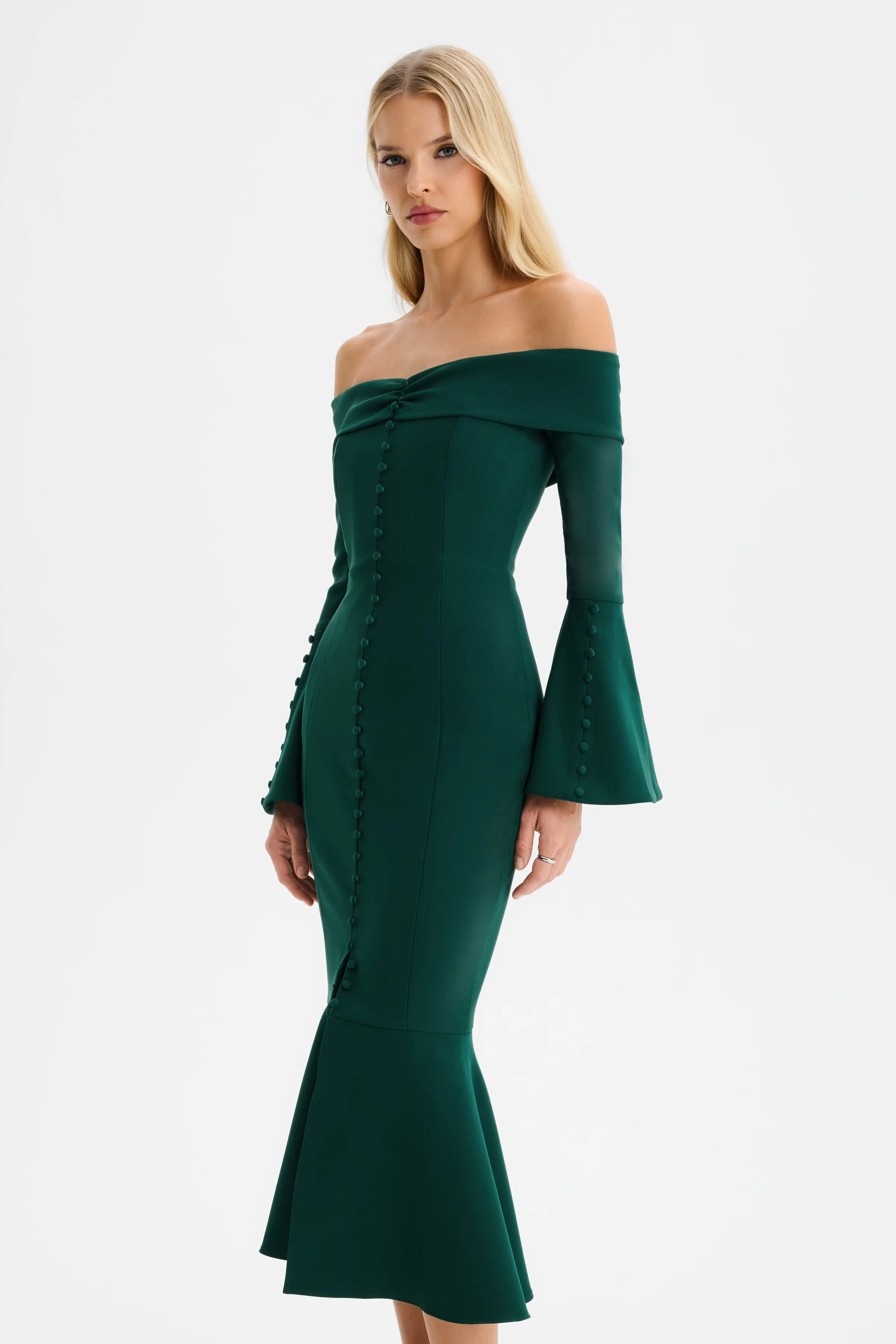CIARA Off Shoulder Micro Button Midi Dress in Emerald Green sold by Lavish Alice product image thumbnail 3