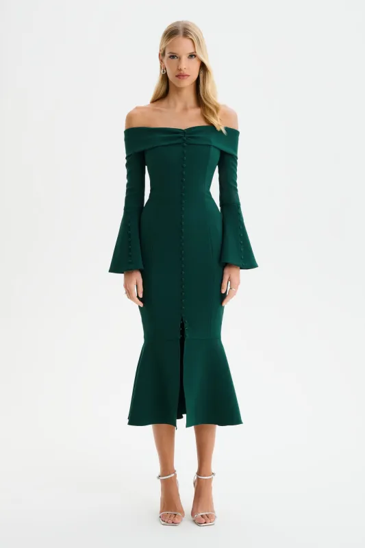 CIARA Off Shoulder Micro Button Midi Dress in Emerald Green sold by Lavish Alice