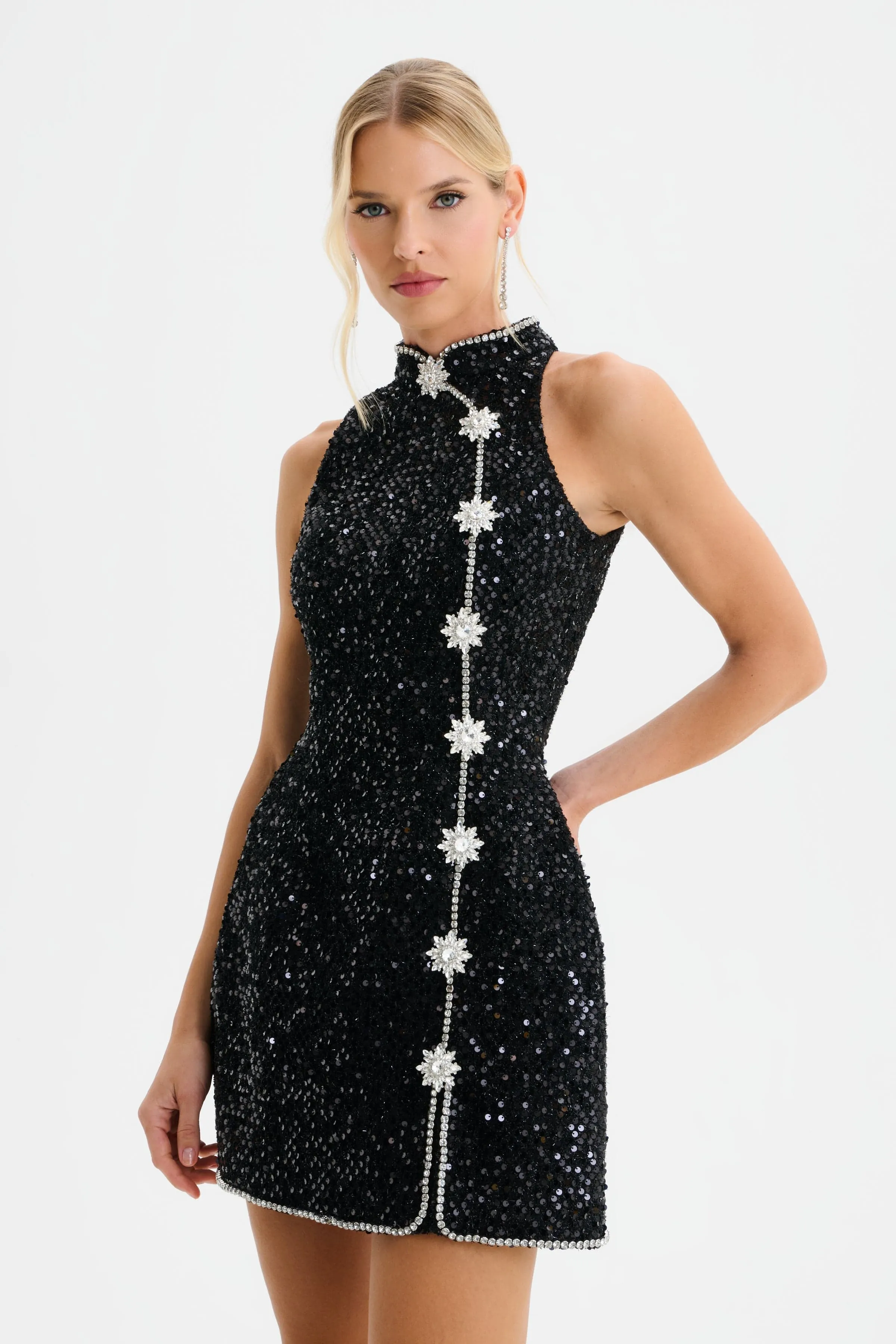 LYLA Sequin Boucle Tulip Mini Dress with Embellishment in Black sold by Lavish Alice product image thumbnail 4