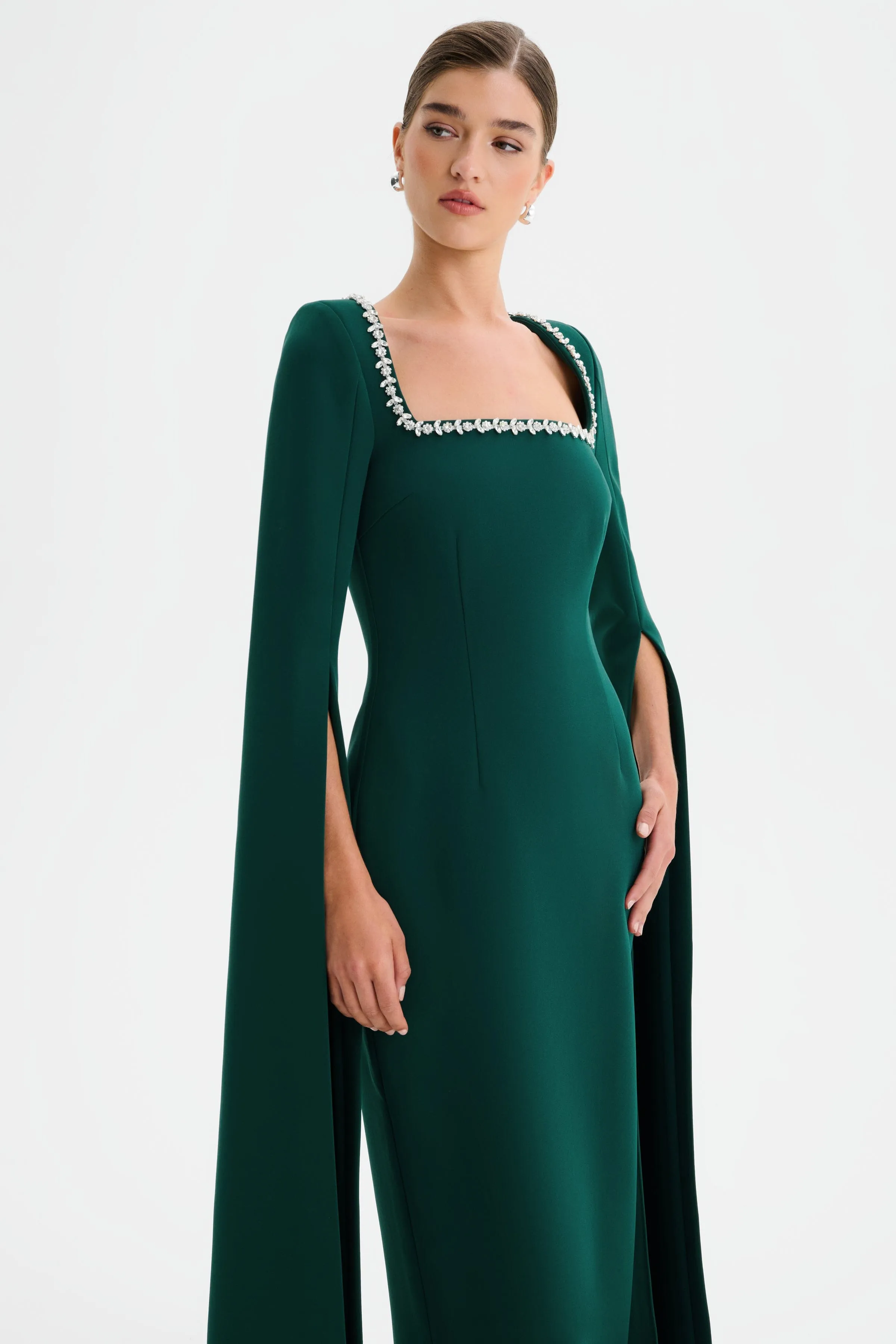 GRACE Square Neck Embellished Cape Sleeve Maxi Dress in Emerald Green sold by Lavish Alice product image thumbnail 5