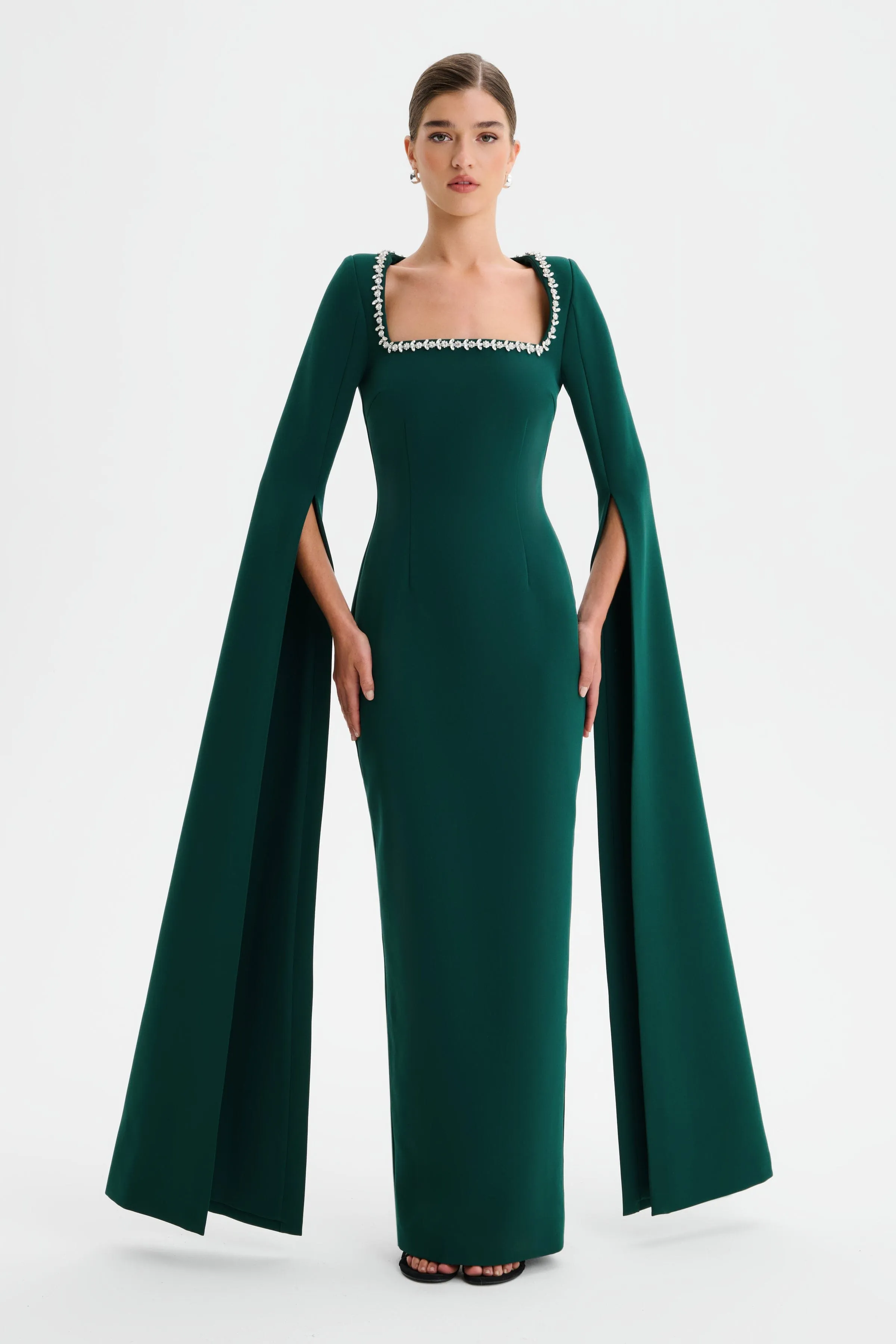 GRACE Square Neck Embellished Cape Sleeve Maxi Dress in Emerald Green sold by Lavish Alice product image thumbnail 2